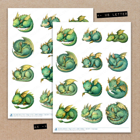 A4 and US Letter format comparison showing Watercolour Baby Dragon B fussy cut pages for print and cut crafting