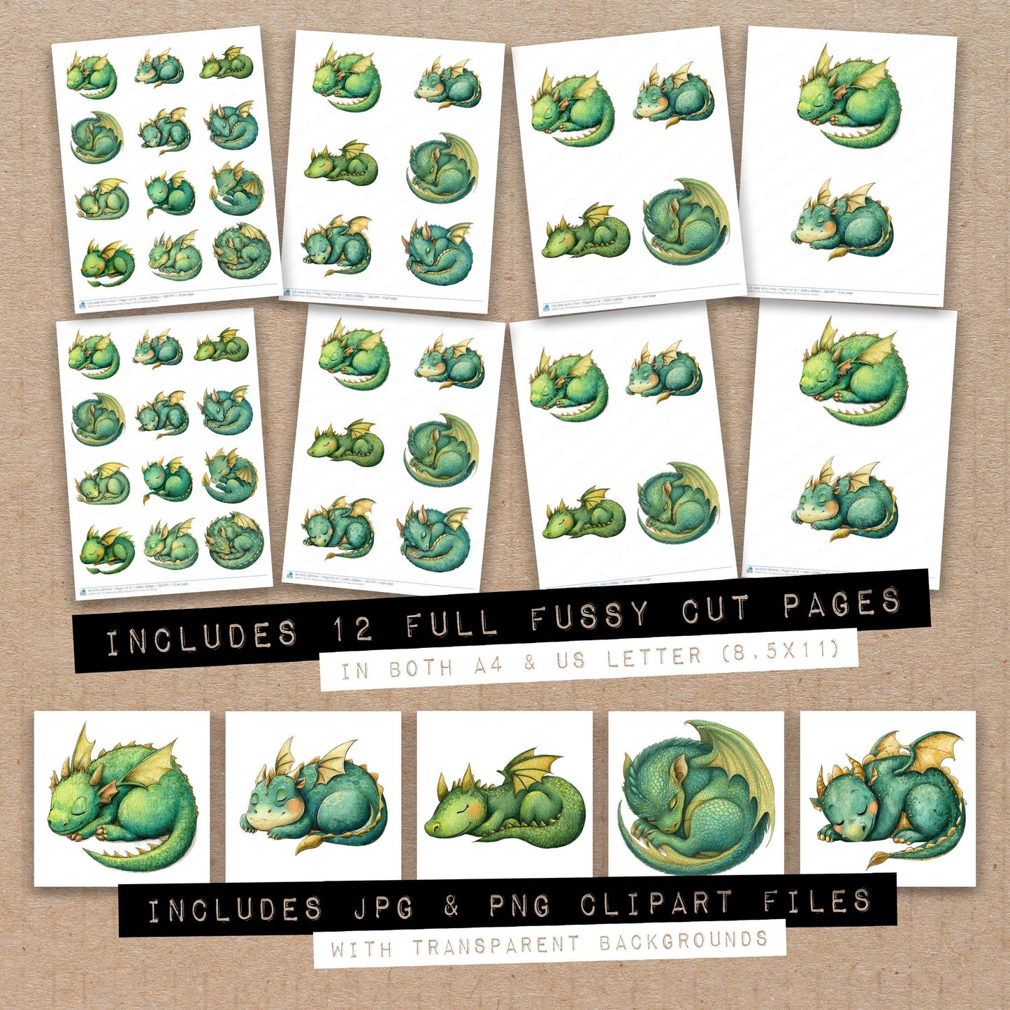 Full collection view of Watercolour Baby Dragon B fussy cut sheets with bonus clipart JPG and PNG files