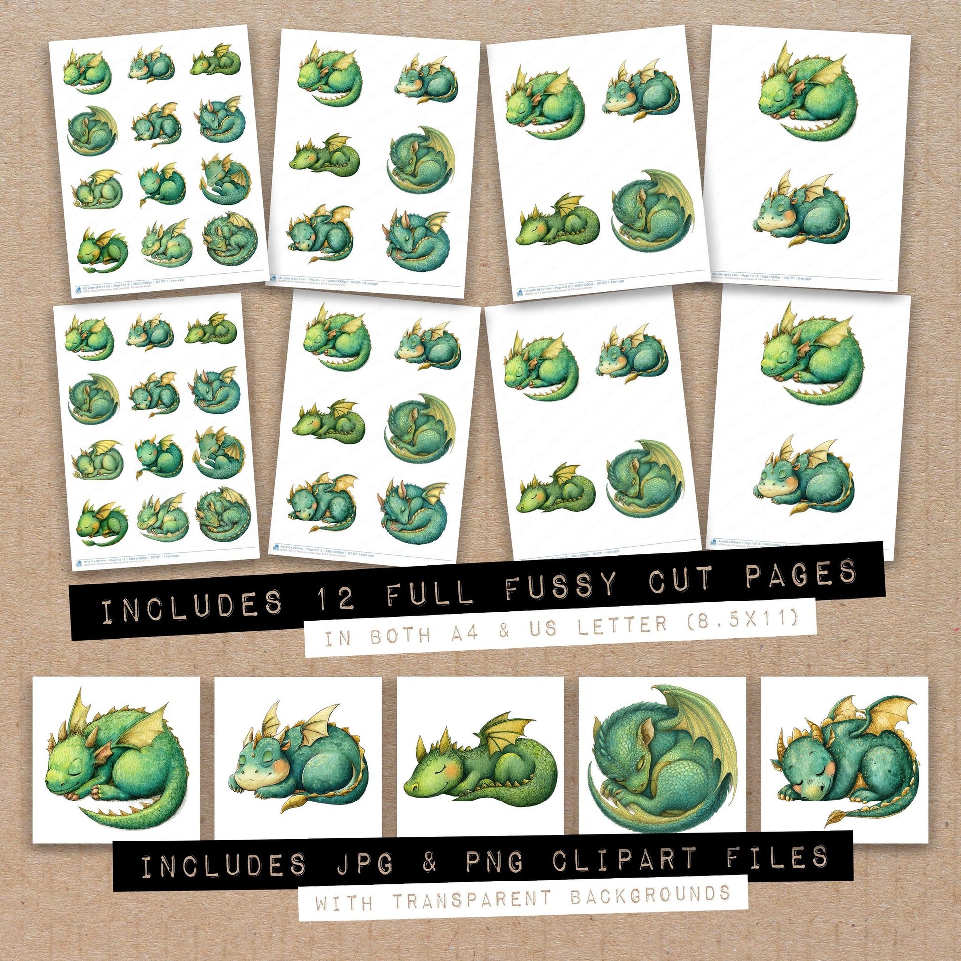 Full collection view of Watercolour Baby Dragon B fussy cut sheets with bonus clipart JPG and PNG files