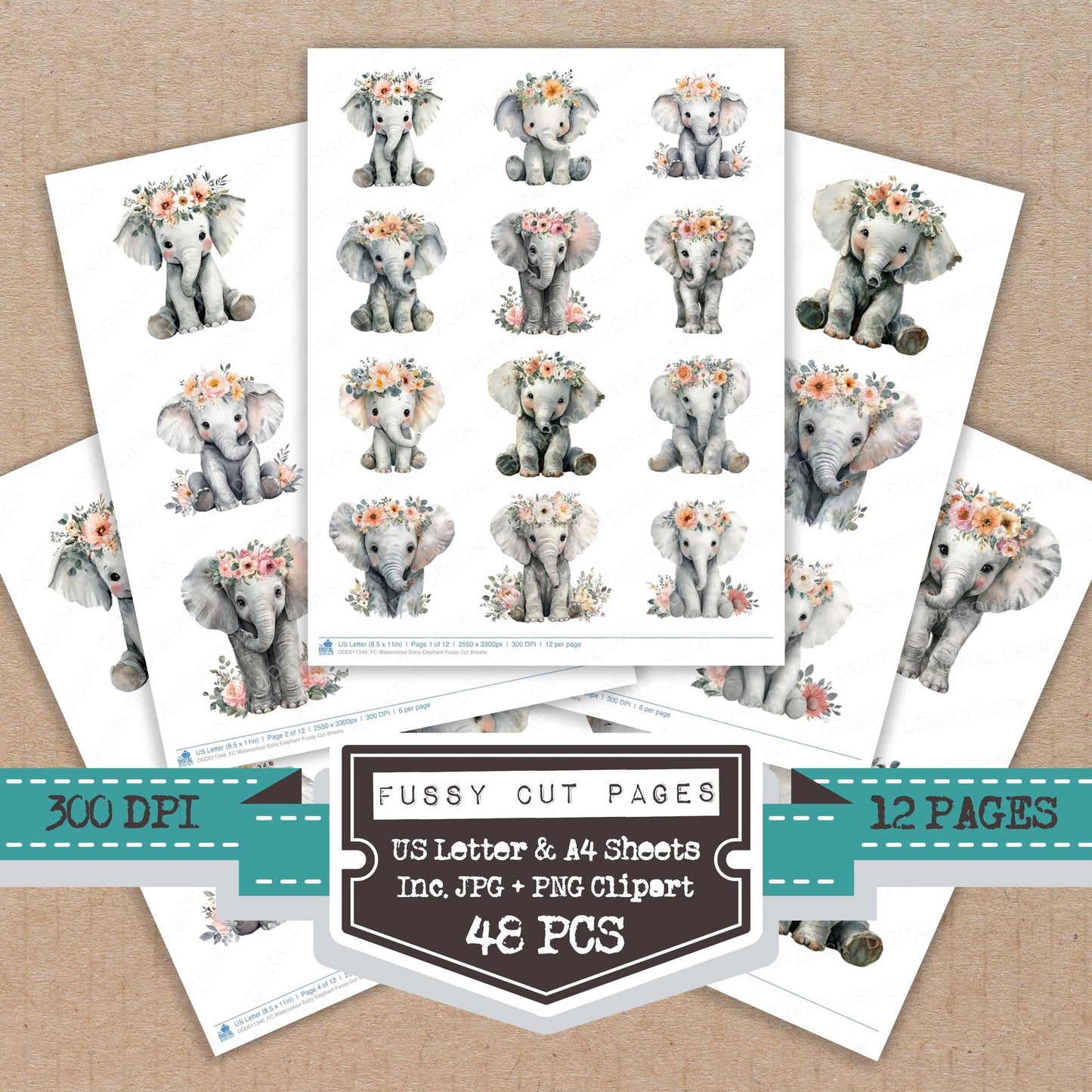 Watercolour Baby Elephant fussy cut printable sheets for junk journaling, scrapbooking, and paper craft projects