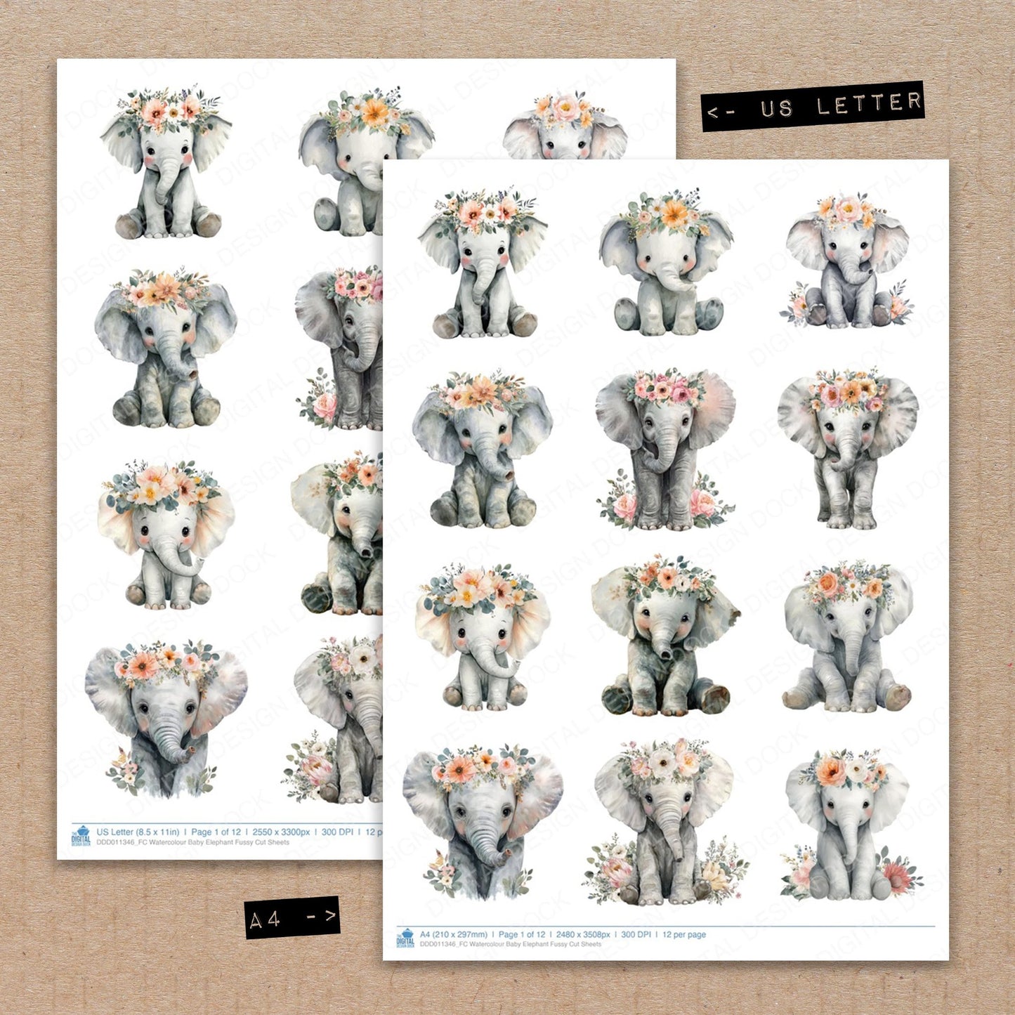 A4 and US Letter format comparison showing Watercolour Baby Elephant fussy cut pages for print and cut crafting