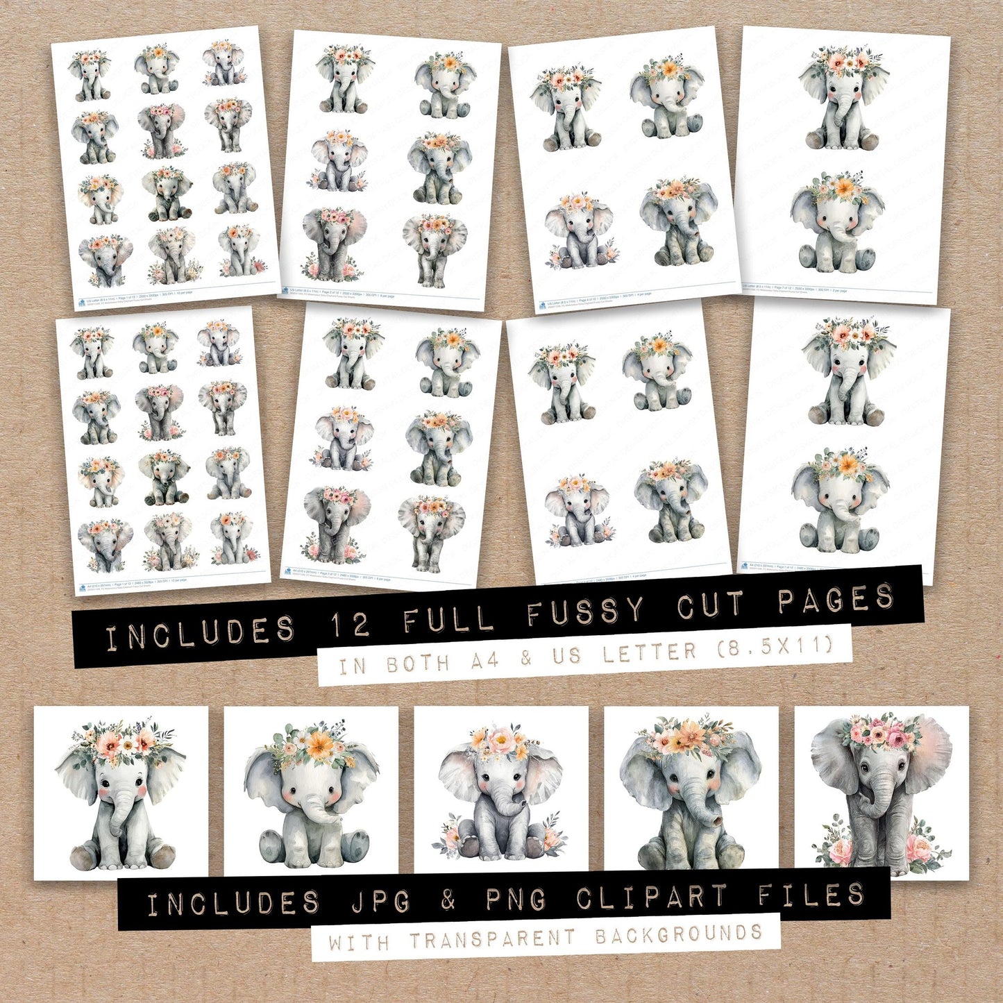 Full collection view of Watercolour Baby Elephant fussy cut sheets with bonus clipart JPG and PNG files