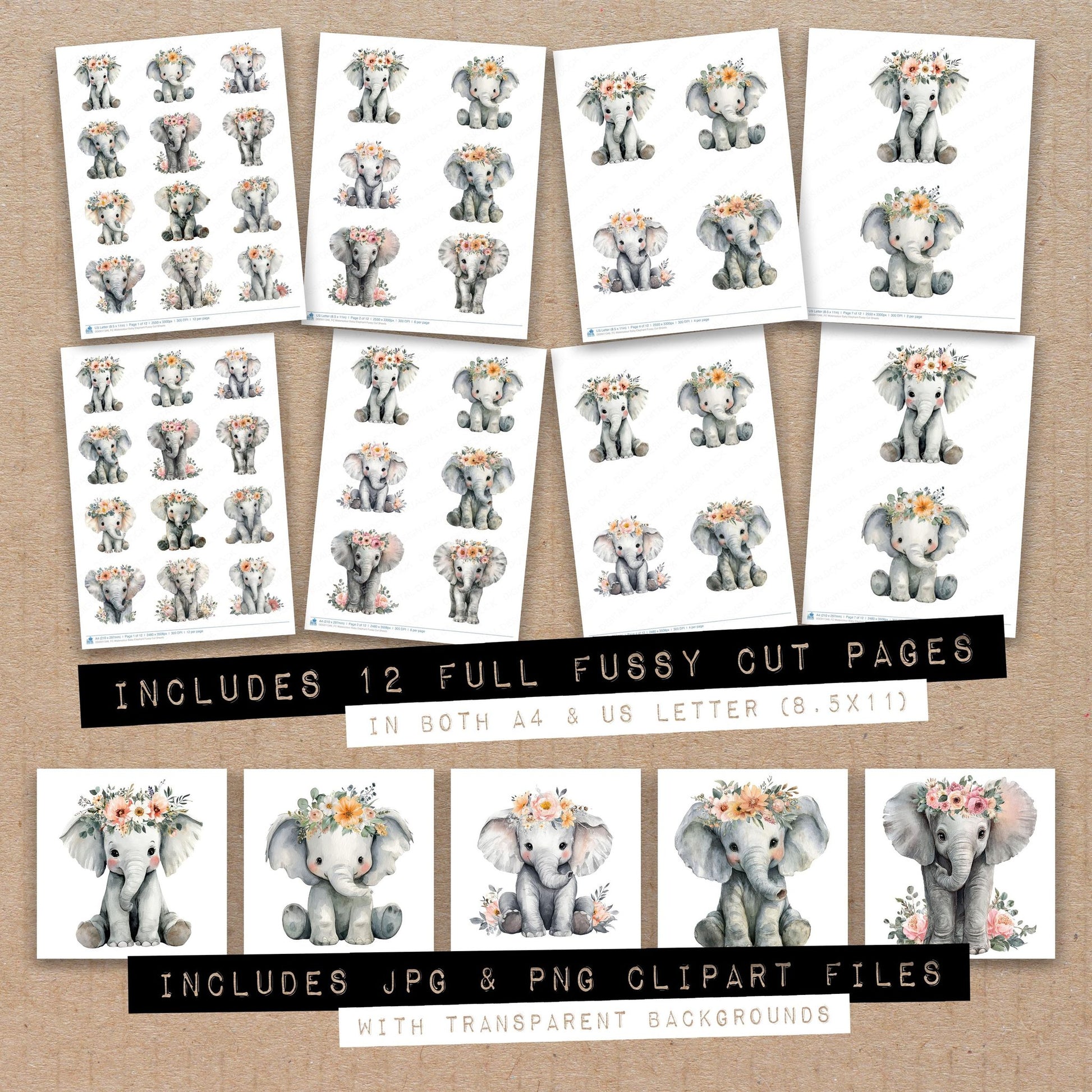 Full collection view of Watercolour Baby Elephant fussy cut sheets with bonus clipart JPG and PNG files