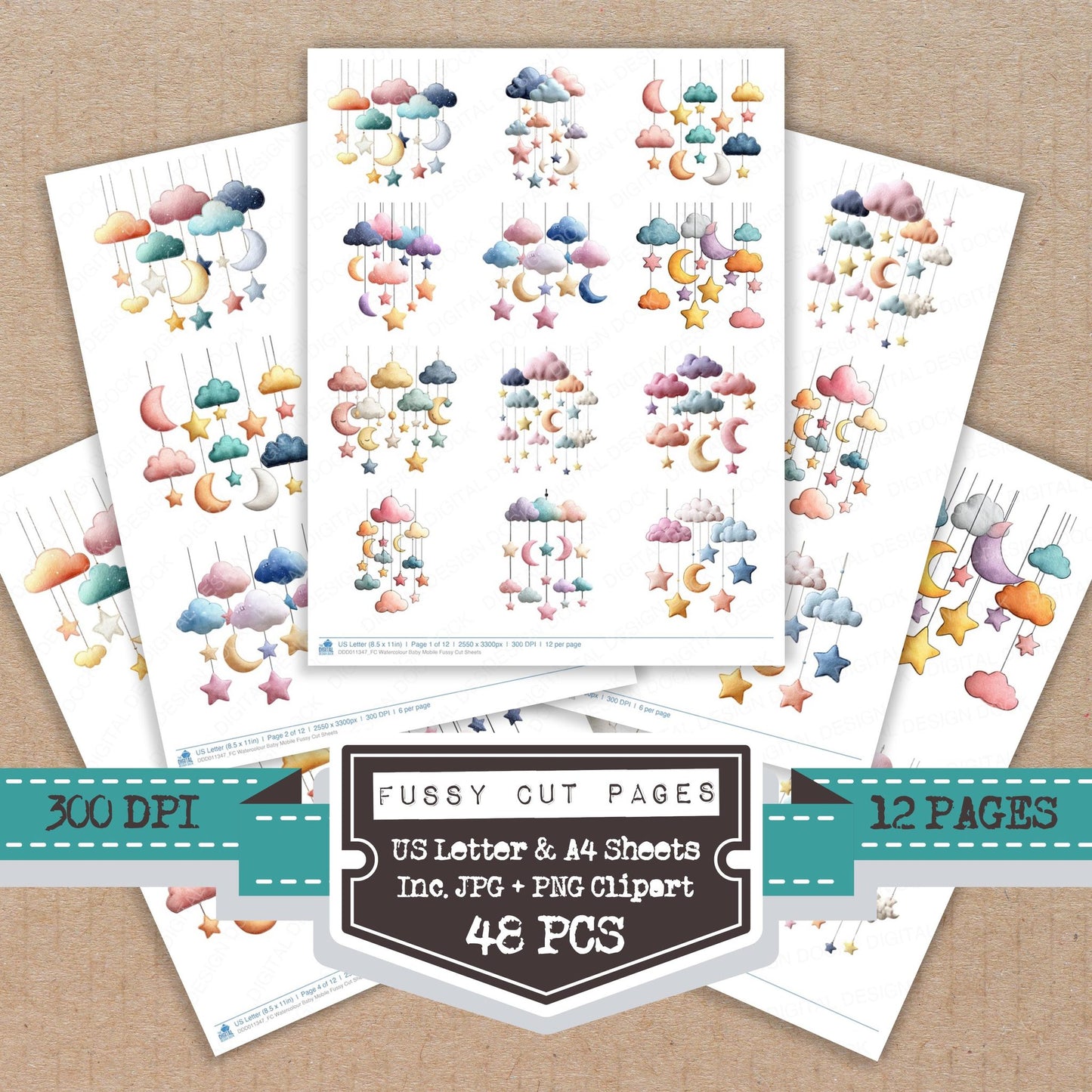 Watercolour Baby Mobile fussy cut printable sheets for junk journaling, scrapbooking, and paper craft projects