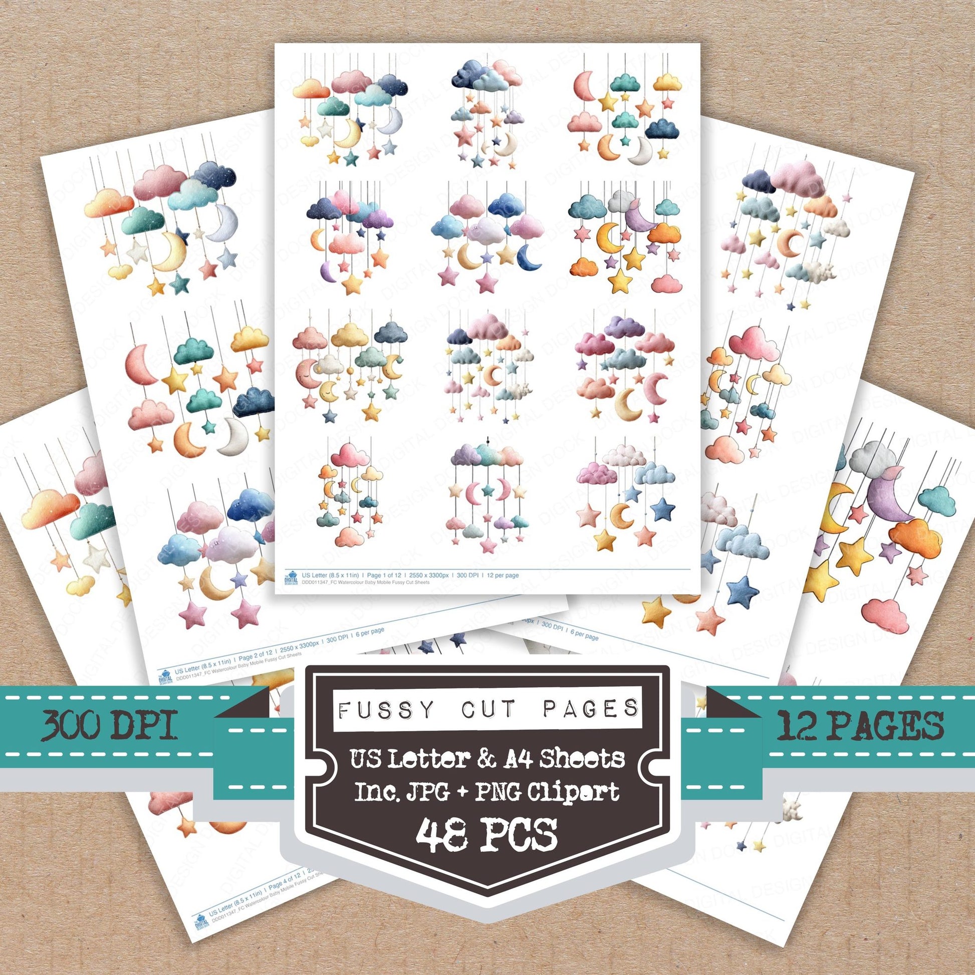 Watercolour Baby Mobile fussy cut printable sheets for junk journaling, scrapbooking, and paper craft projects