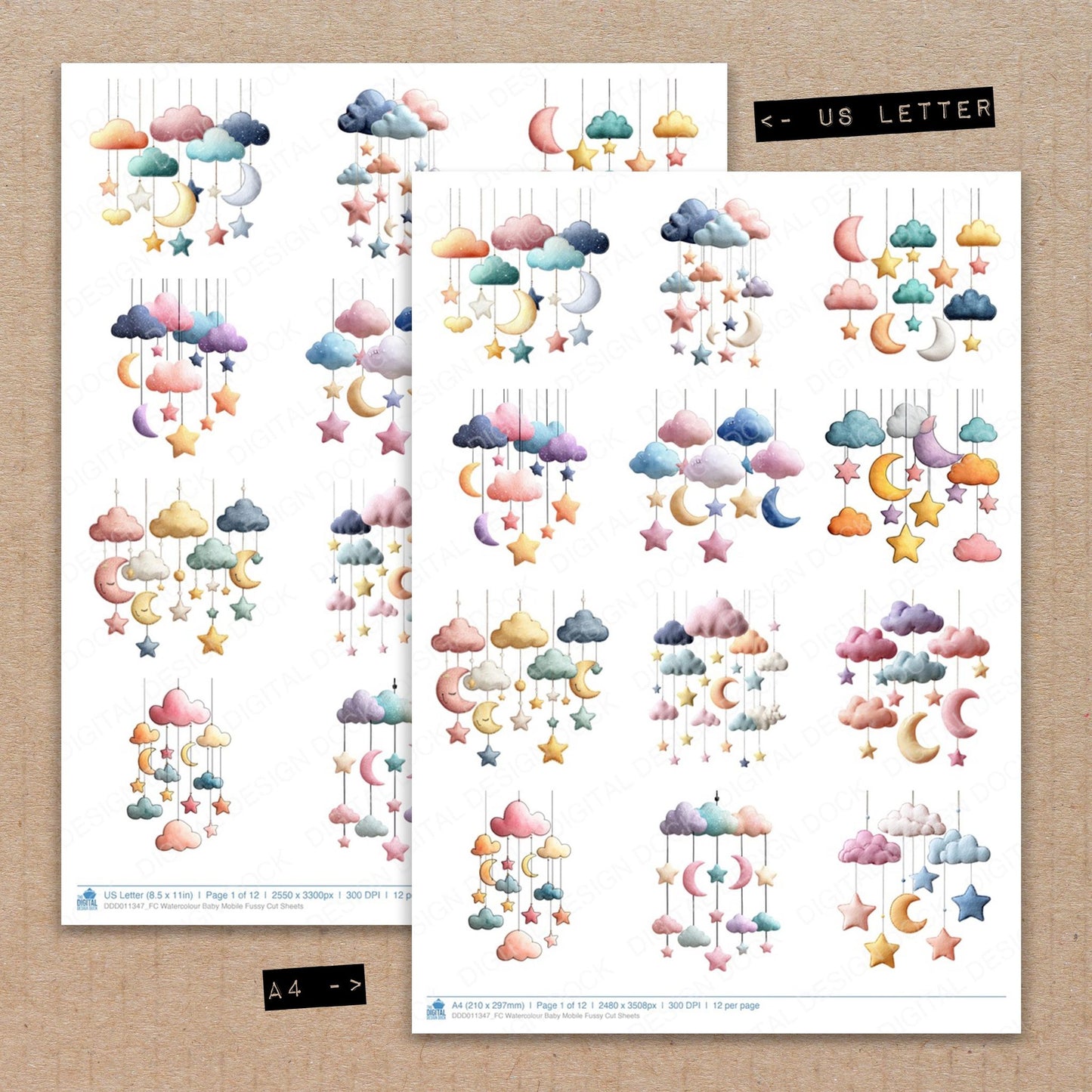 A4 and US Letter format comparison showing Watercolour Baby Mobile fussy cut pages for print and cut crafting