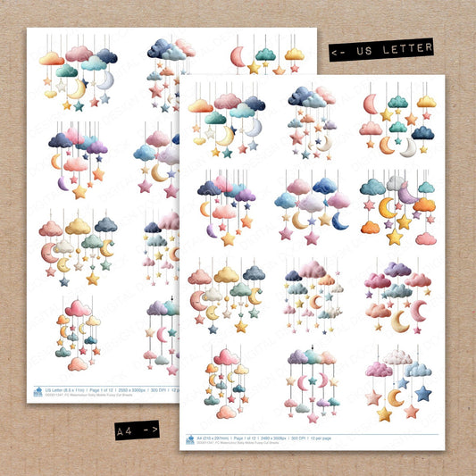 A4 and US Letter format comparison showing Watercolour Baby Mobile fussy cut pages for print and cut crafting