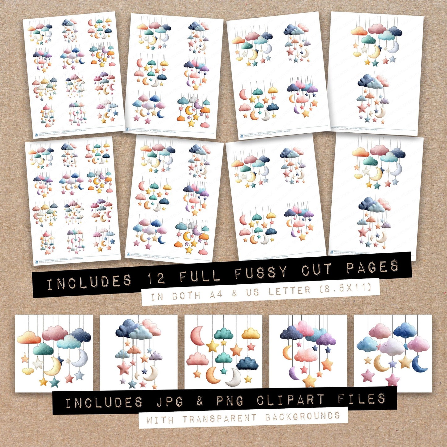 Full collection view of Watercolour Baby Mobile fussy cut sheets with bonus clipart JPG and PNG files