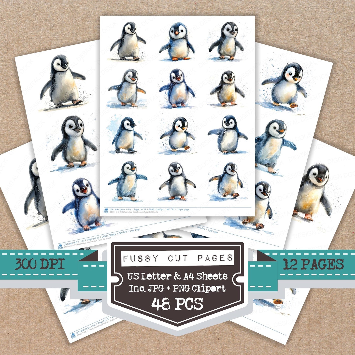 Watercolour Baby Penguin fussy cut printable sheets for junk journaling, scrapbooking, and paper craft projects