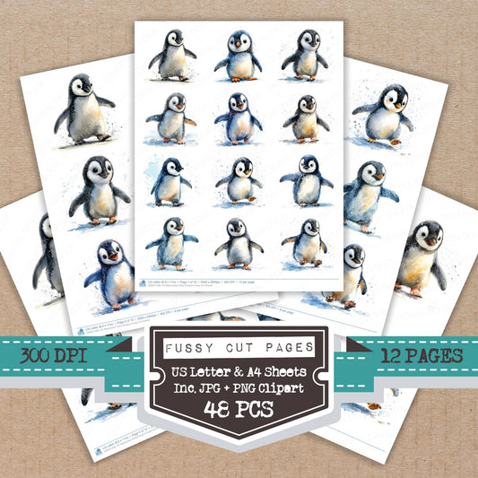Watercolour Baby Penguin fussy cut printable sheets for junk journaling, scrapbooking, and paper craft projects