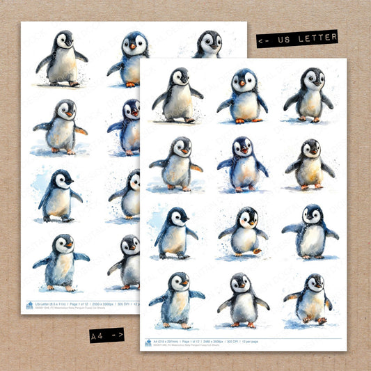 A4 and US Letter format comparison showing Watercolour Baby Penguin fussy cut pages for print and cut crafting