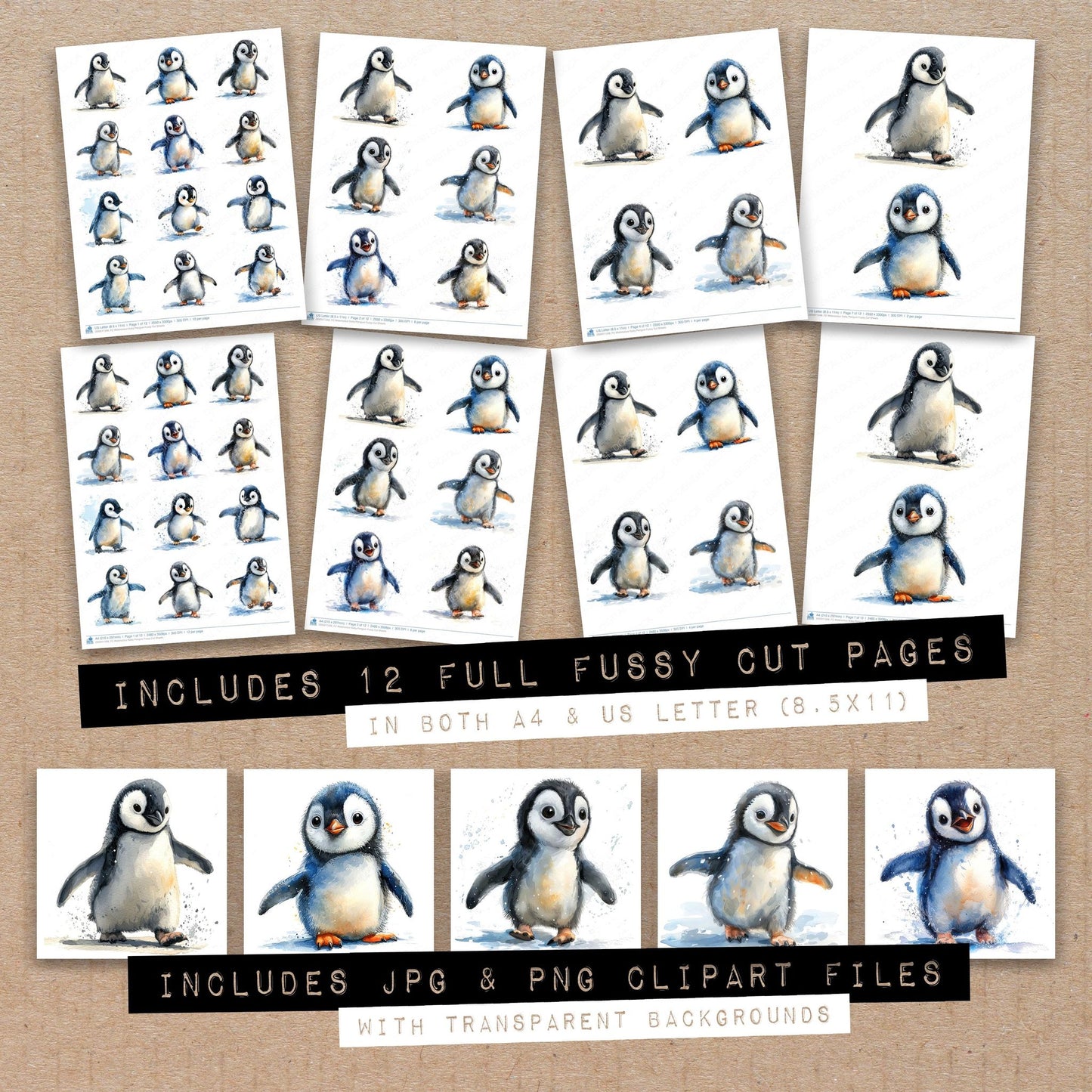 Full collection view of Watercolour Baby Penguin fussy cut sheets with bonus clipart JPG and PNG files