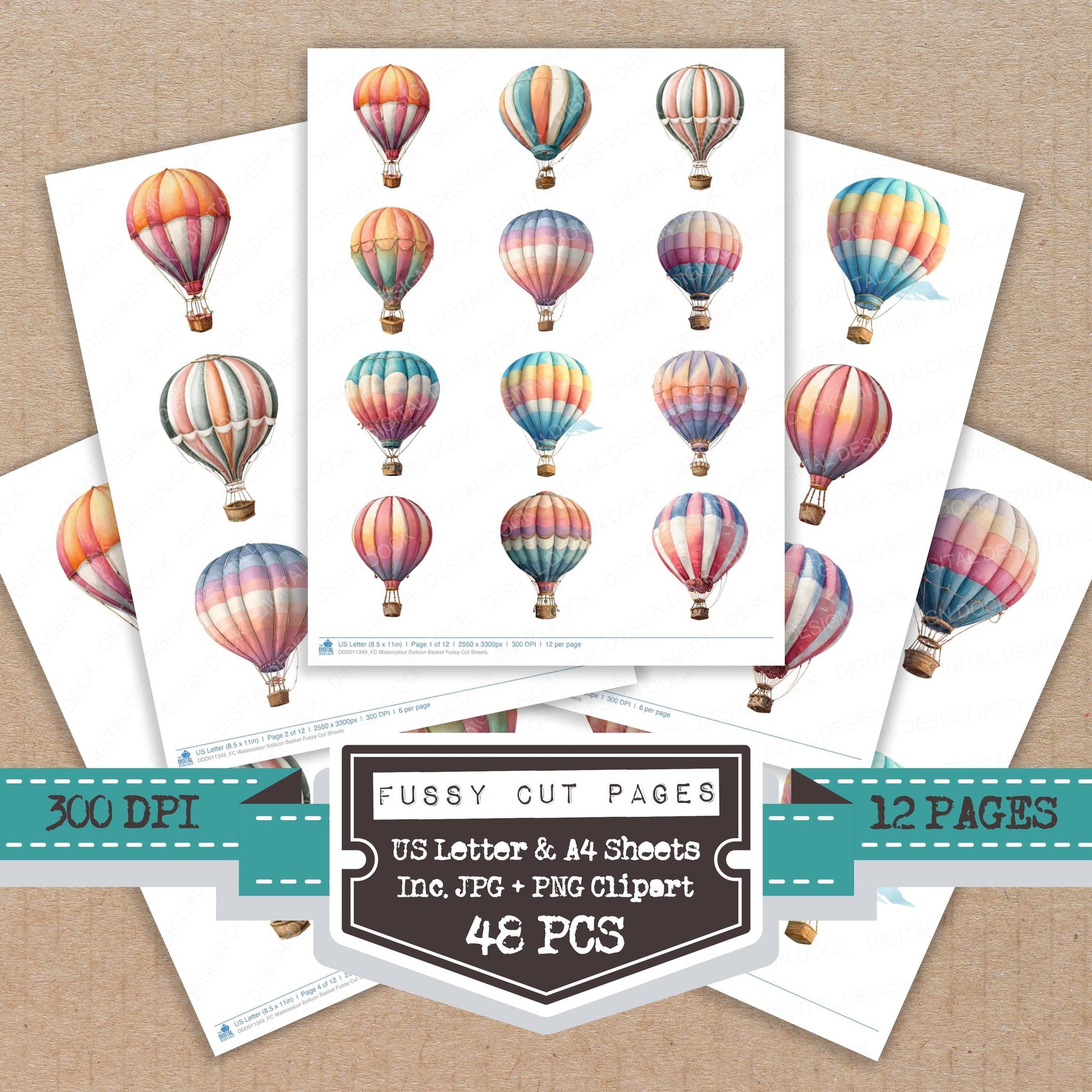 Watercolour Balloon Basket fussy cut printable sheets for junk journaling, scrapbooking, and paper craft projects
