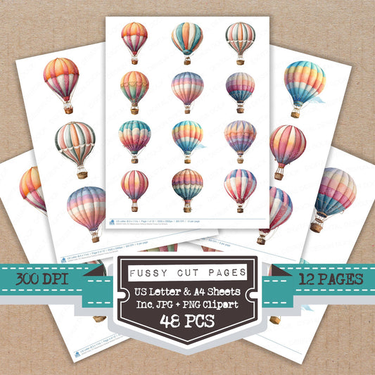 Watercolour Balloon Basket fussy cut printable sheets for junk journaling, scrapbooking, and paper craft projects