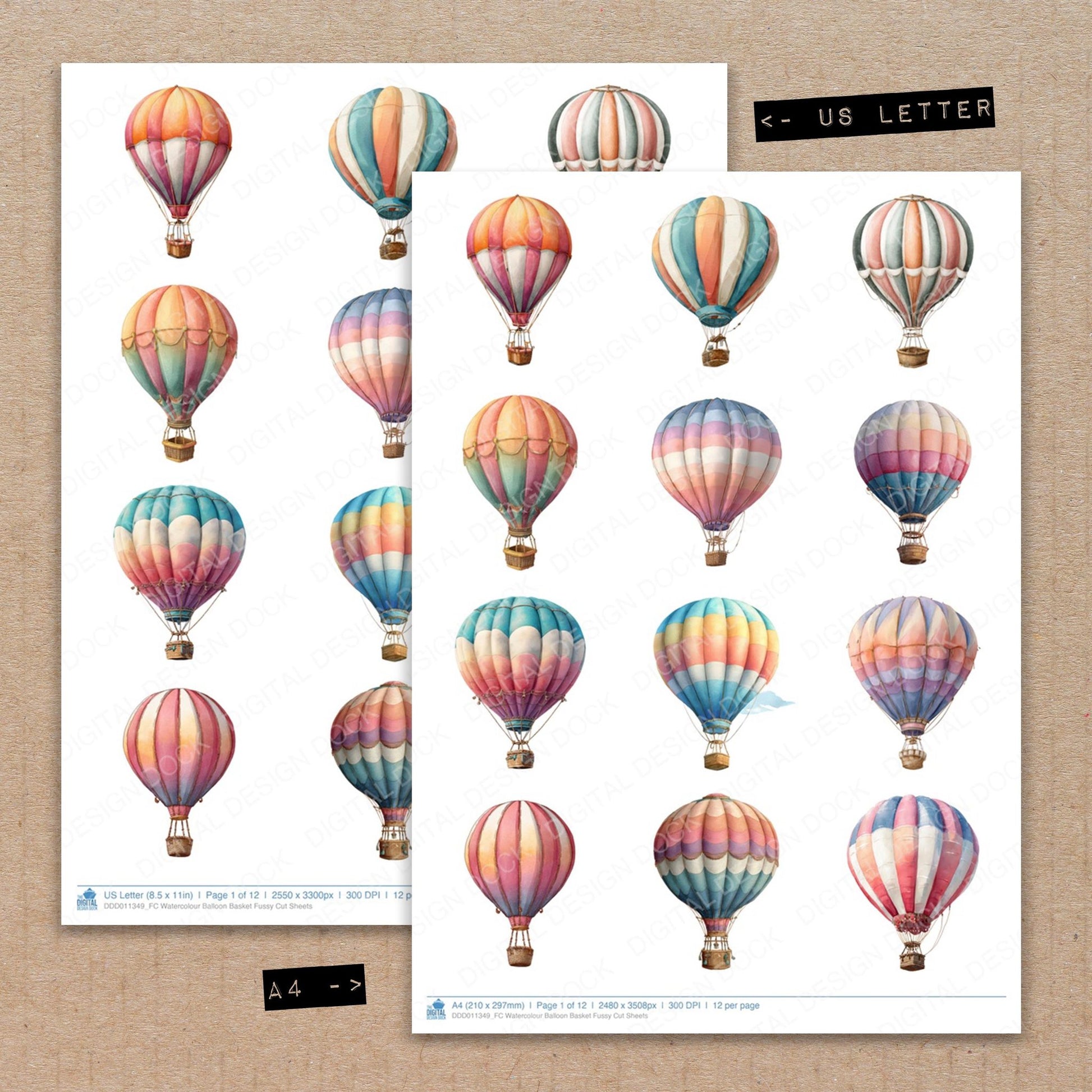 A4 and US Letter format comparison showing Watercolour Balloon Basket fussy cut pages for print and cut crafting