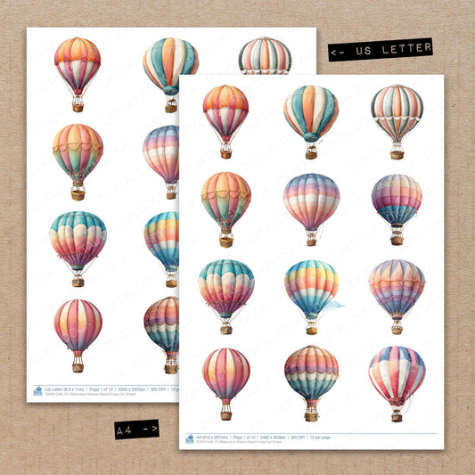 A4 and US Letter format comparison showing Watercolour Balloon Basket fussy cut pages for print and cut crafting