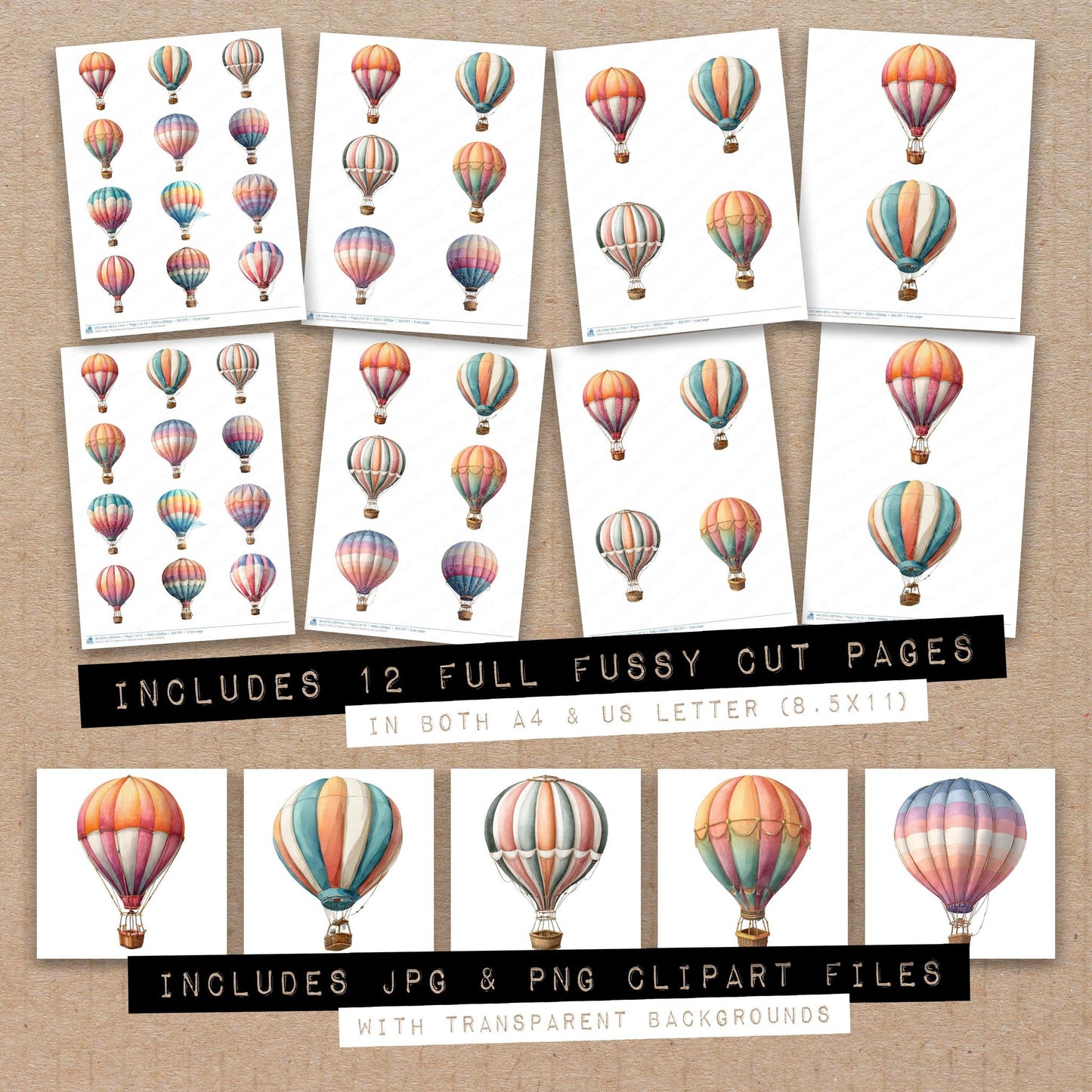 Full collection view of Watercolour Balloon Basket fussy cut sheets with bonus clipart JPG and PNG files