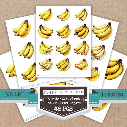 Watercolour Banana Bunch fussy cut printable sheets for junk journaling, scrapbooking, and paper craft projects