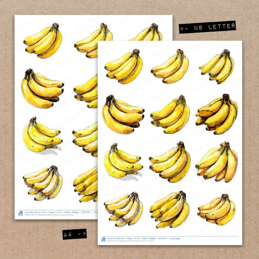 A4 and US Letter format comparison showing Watercolour Banana Bunch fussy cut pages for print and cut crafting