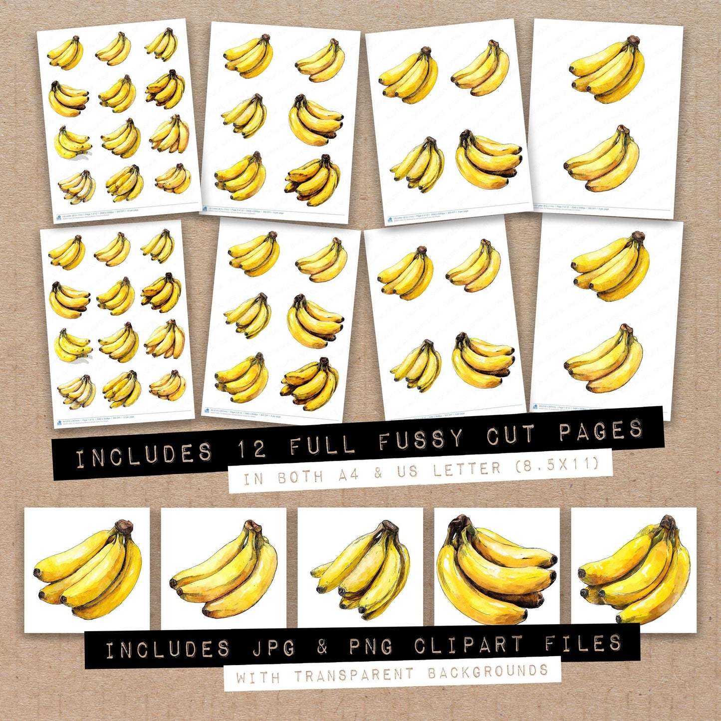 Full collection view of Watercolour Banana Bunch fussy cut sheets with bonus clipart JPG and PNG files