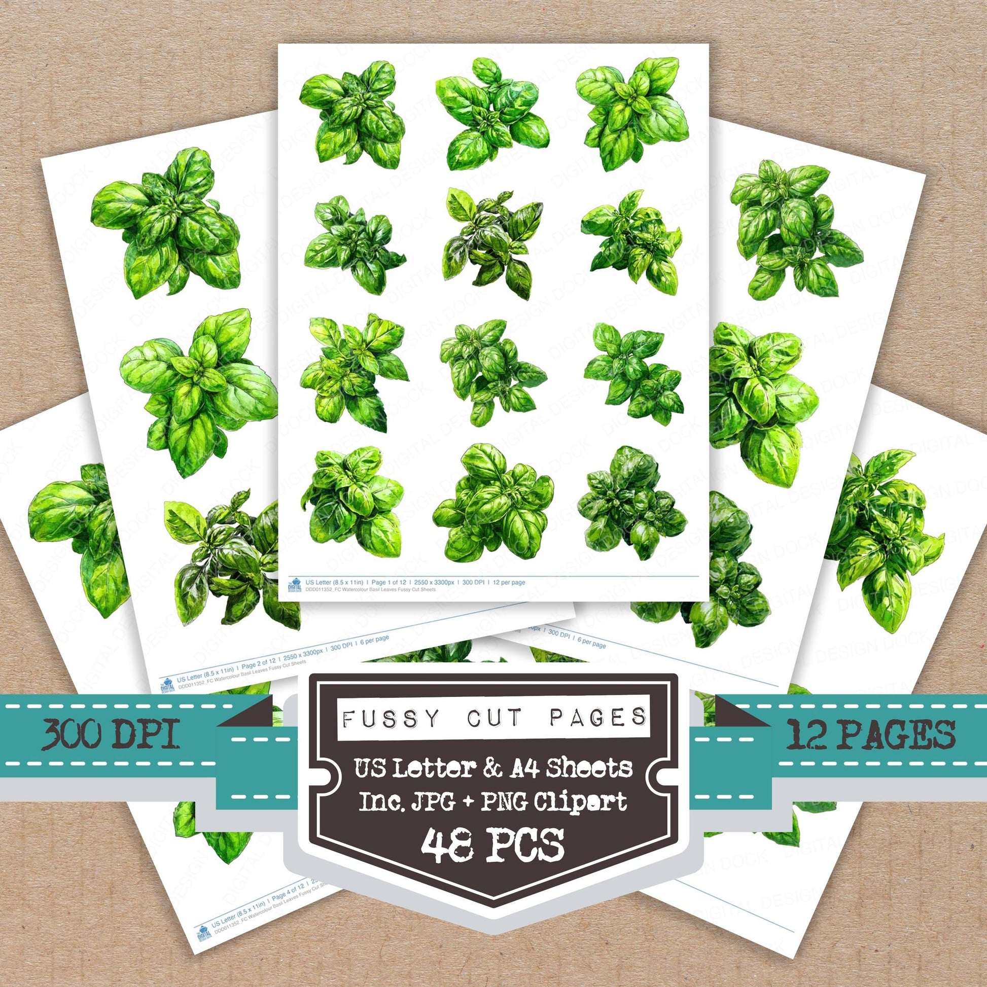 Watercolour Basil Leaves fussy cut printable sheets for junk journaling, scrapbooking, and paper craft projects