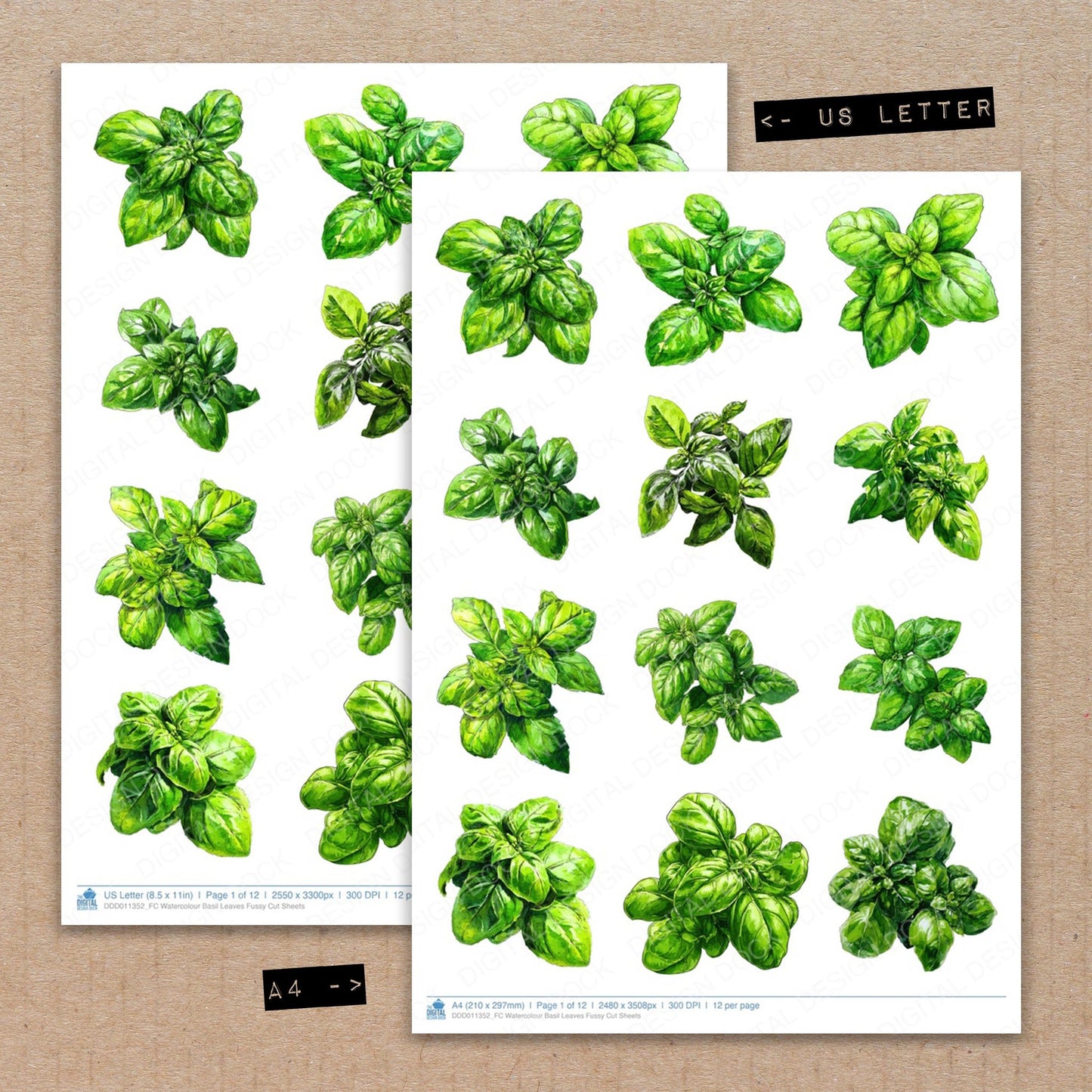 A4 and US Letter format comparison showing Watercolour Basil Leaves fussy cut pages for print and cut crafting