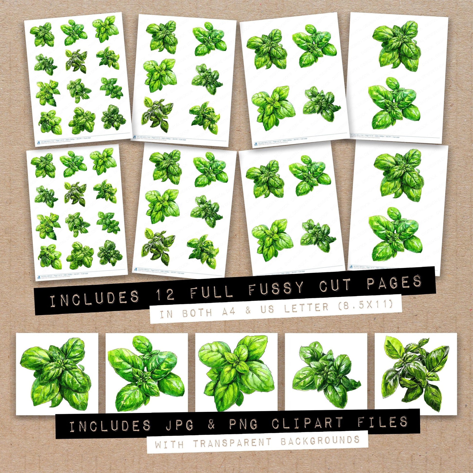 Full collection view of Watercolour Basil Leaves fussy cut sheets with bonus clipart JPG and PNG files
