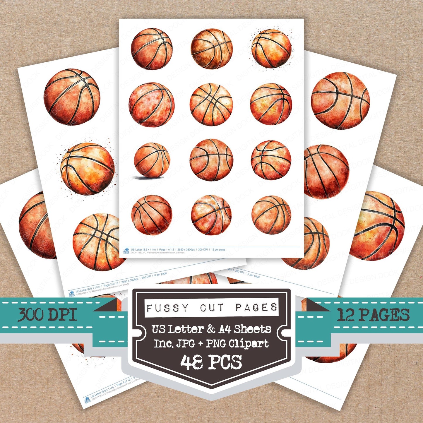 Watercolour Basketball fussy cut printable sheets for junk journaling, scrapbooking, and paper craft projects
