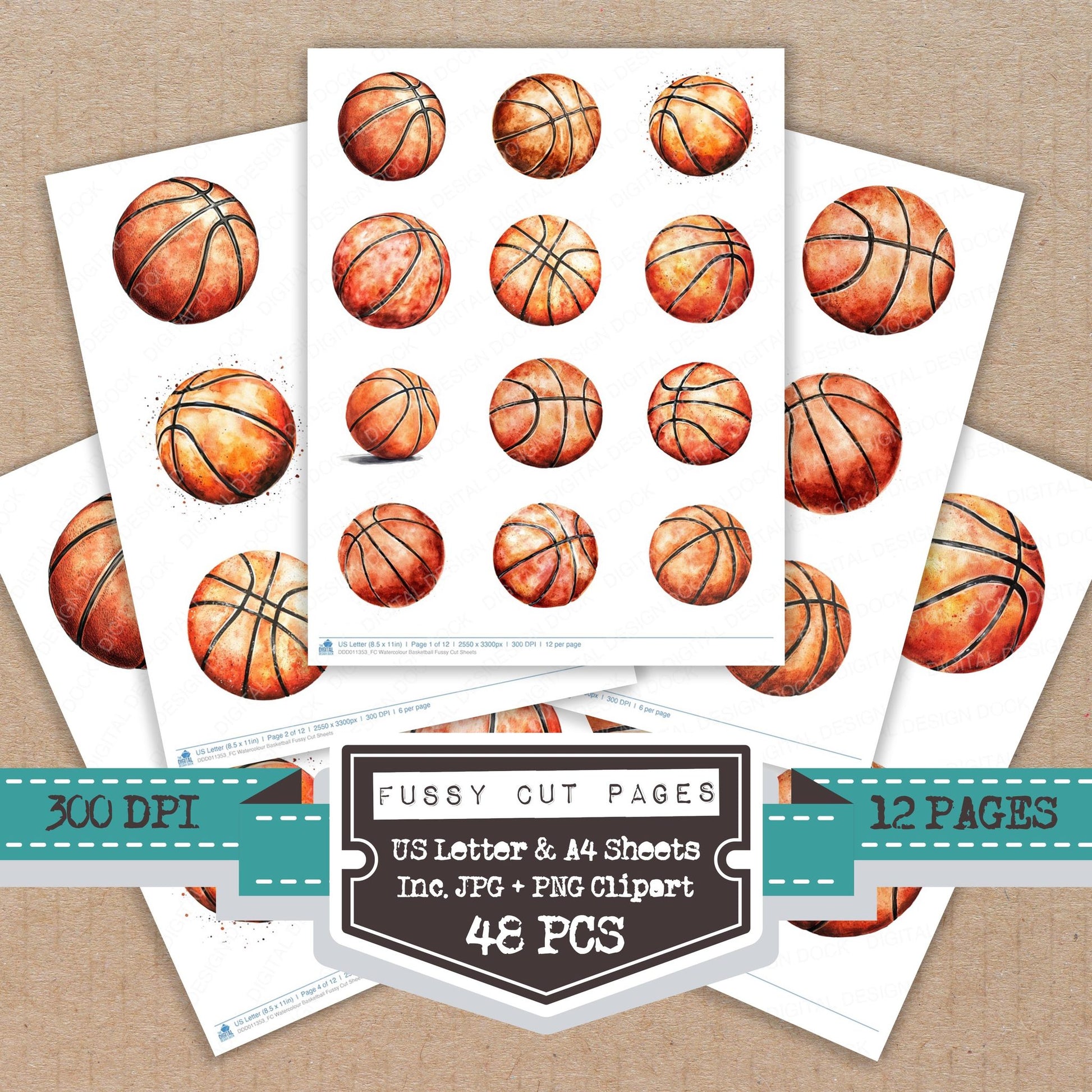 Watercolour Basketball fussy cut printable sheets for junk journaling, scrapbooking, and paper craft projects