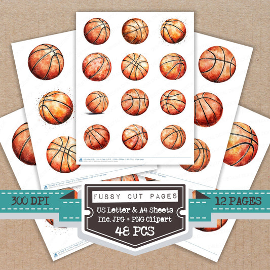 Watercolour Basketball fussy cut printable sheets for junk journaling, scrapbooking, and paper craft projects