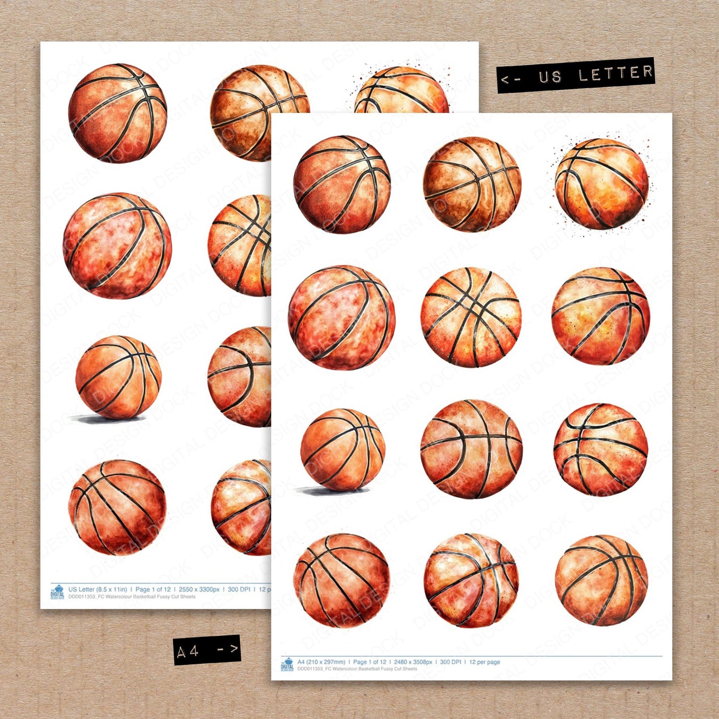 A4 and US Letter format comparison showing Watercolour Basketball fussy cut pages for print and cut crafting