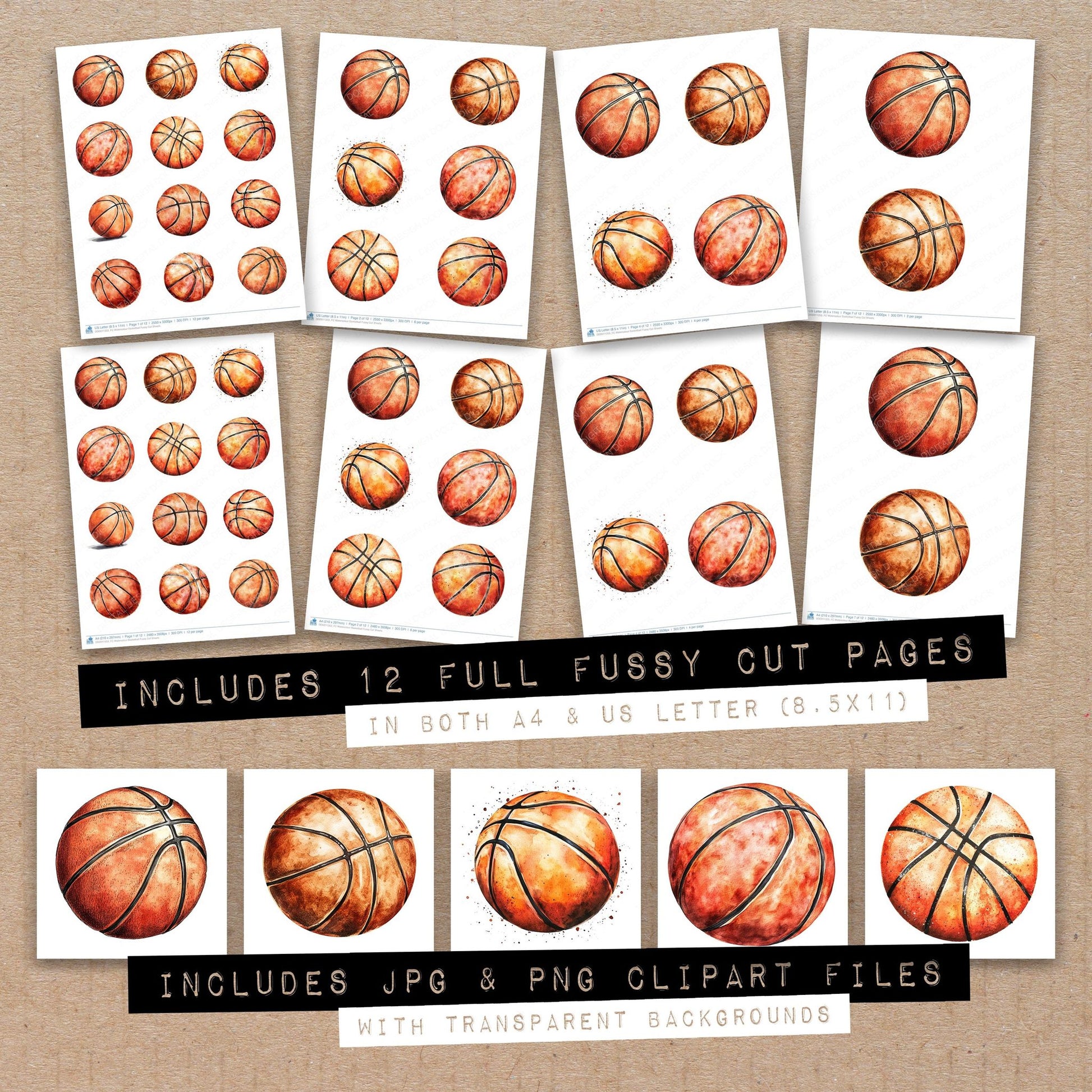 Full collection view of Watercolour Basketball fussy cut sheets with bonus clipart JPG and PNG files