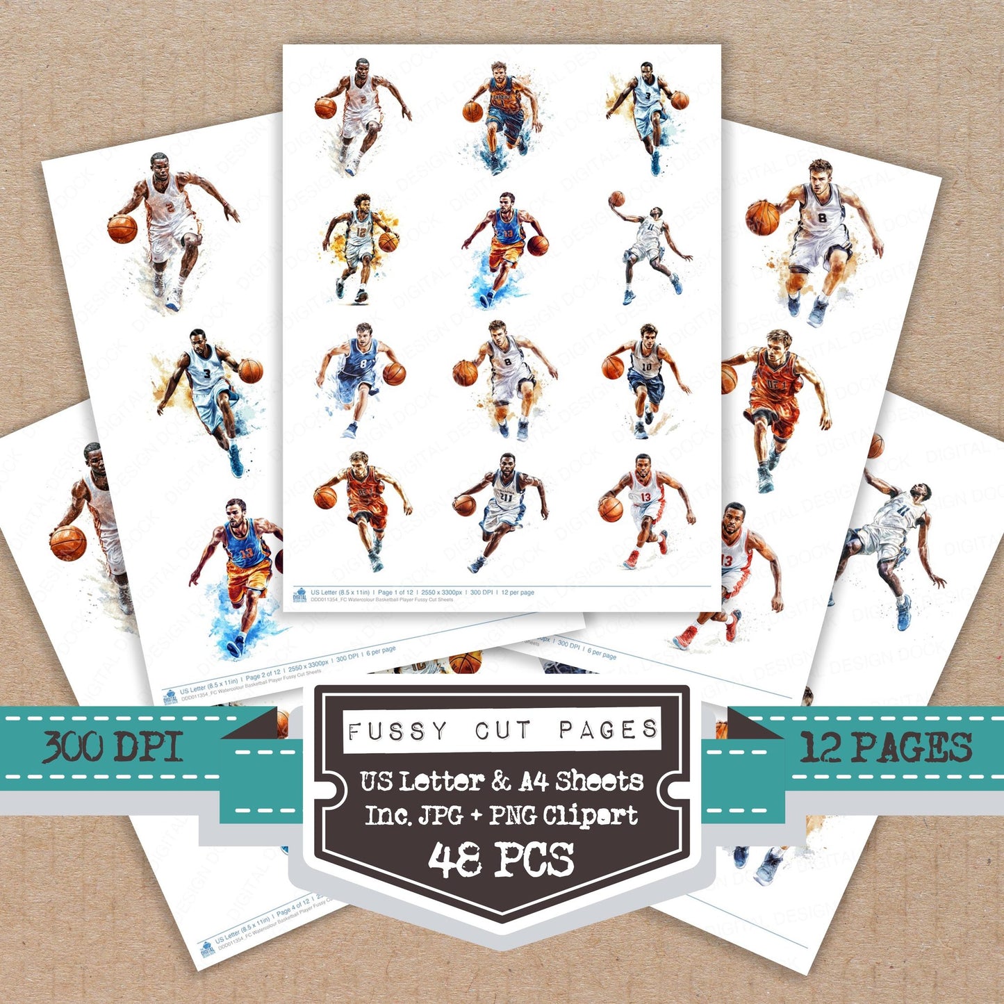 Watercolour Basketball Player fussy cut printable sheets for junk journaling, scrapbooking, and paper craft projects