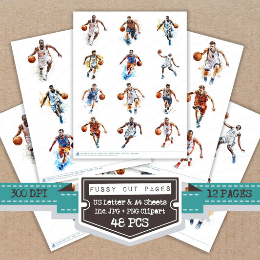 Watercolour Basketball Player fussy cut printable sheets for junk journaling, scrapbooking, and paper craft projects