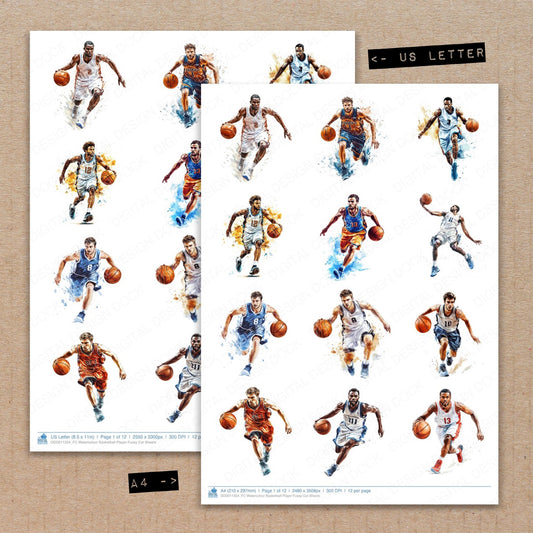 A4 and US Letter format comparison showing Watercolour Basketball Player fussy cut pages for print and cut crafting