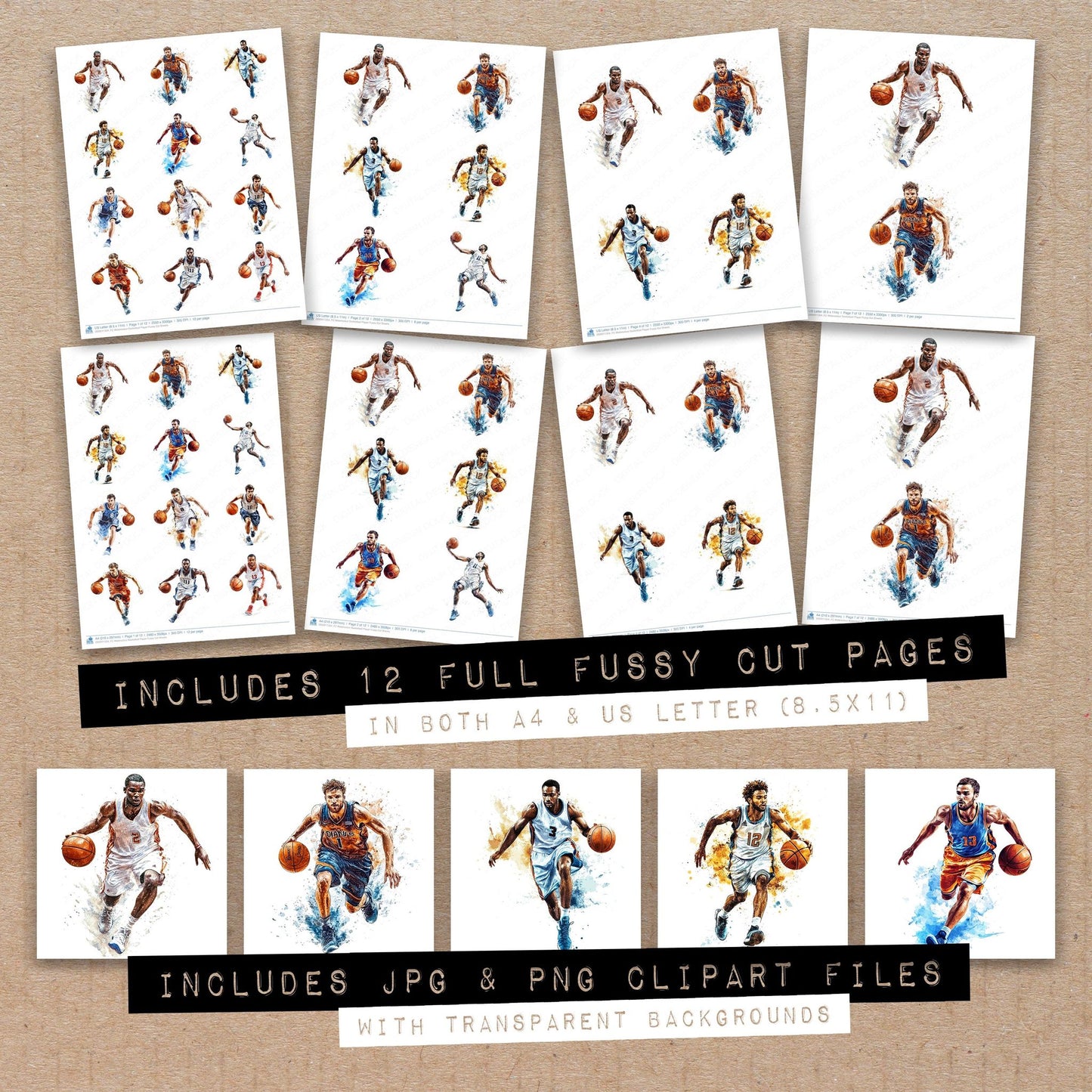 Full collection view of Watercolour Basketball Player fussy cut sheets with bonus clipart JPG and PNG files