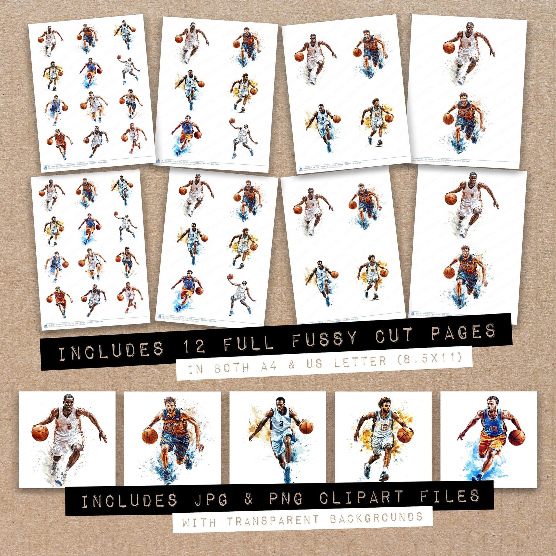 Full collection view of Watercolour Basketball Player fussy cut sheets with bonus clipart JPG and PNG files