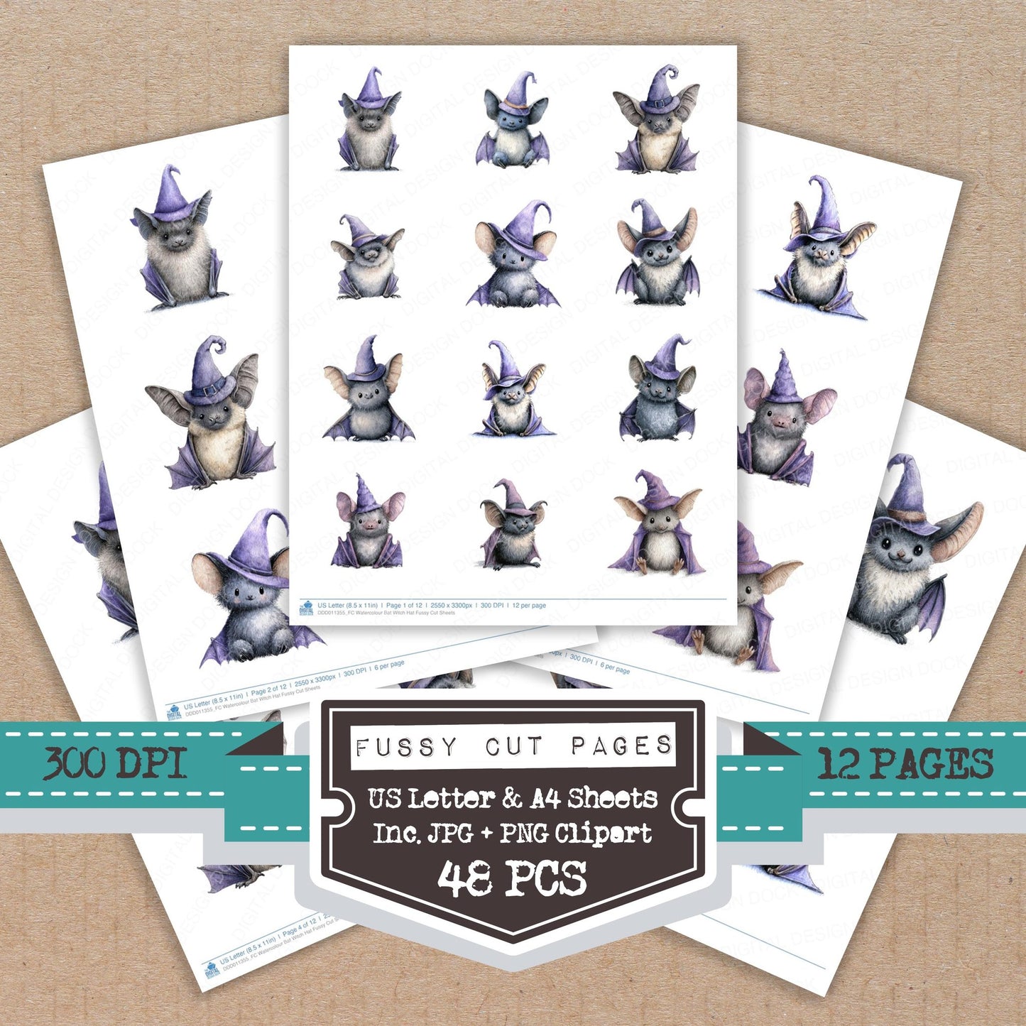 Watercolour Bat Witch Hat fussy cut printable sheets for junk journaling, scrapbooking, and paper craft projects