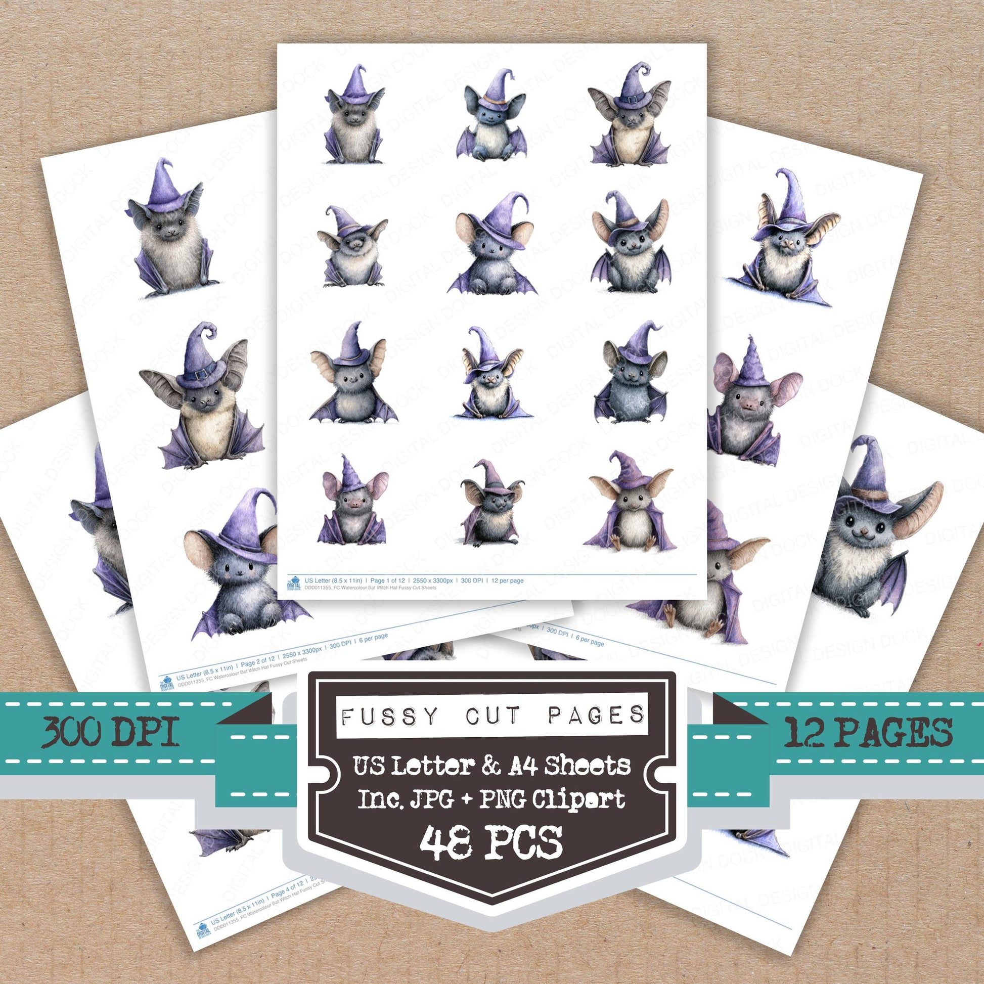 Watercolour Bat Witch Hat fussy cut printable sheets for junk journaling, scrapbooking, and paper craft projects