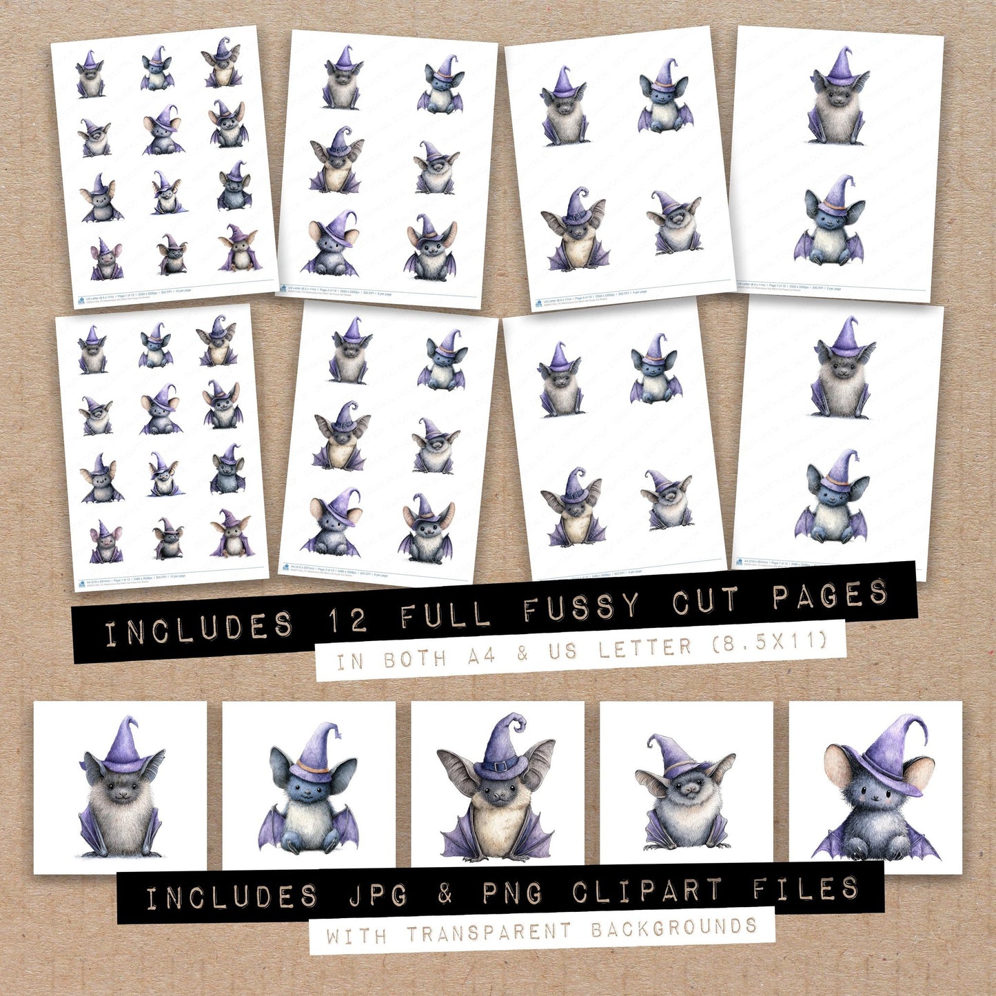 Full collection view of Watercolour Bat Witch Hat fussy cut sheets with bonus clipart JPG and PNG files