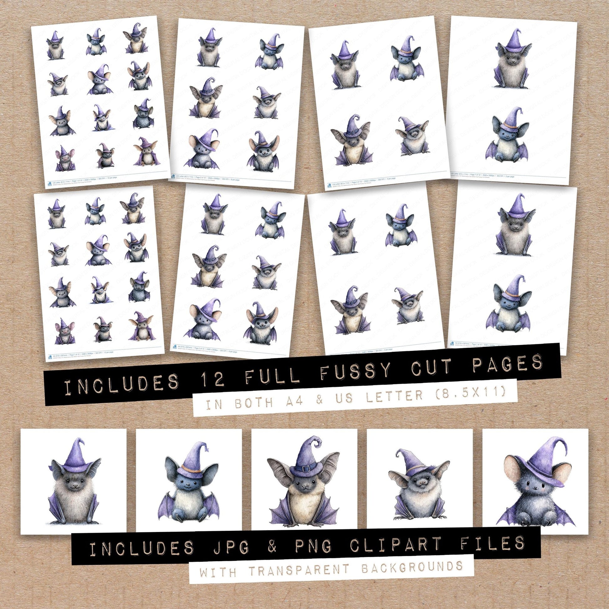Full collection view of Watercolour Bat Witch Hat fussy cut sheets with bonus clipart JPG and PNG files