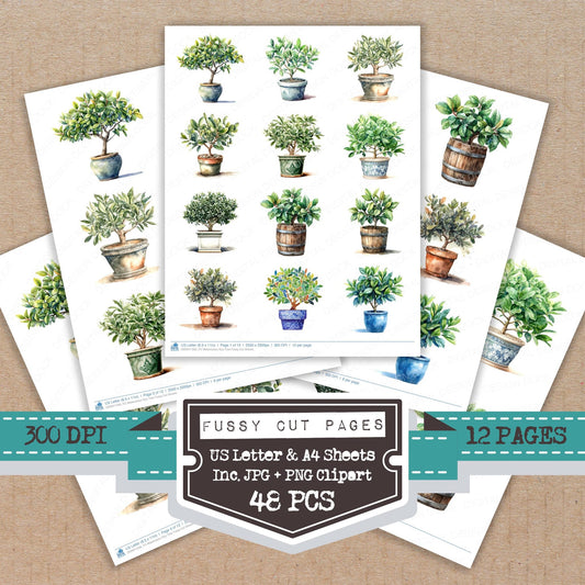 Watercolour Bay Tree fussy cut printable sheets for junk journaling, scrapbooking, and paper craft projects