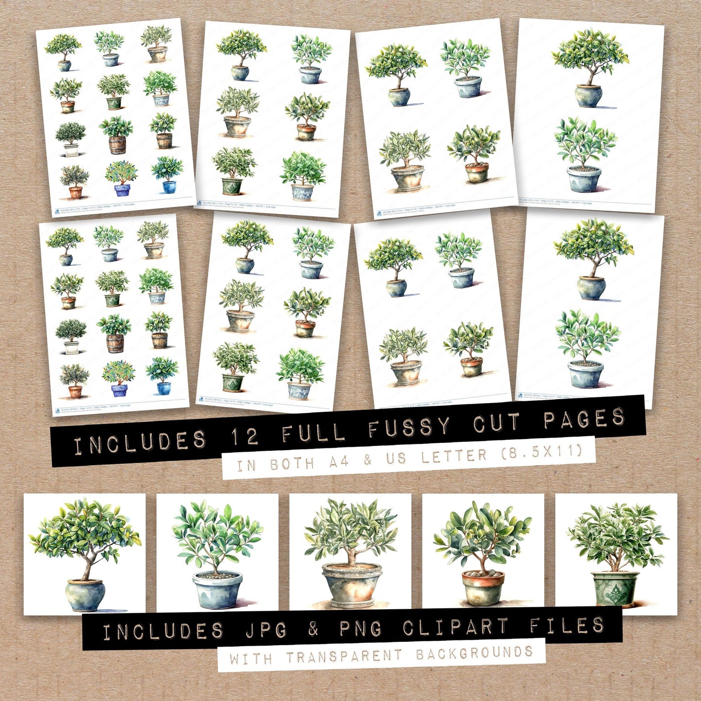 Full collection view of Watercolour Bay Tree fussy cut sheets with bonus clipart JPG and PNG files