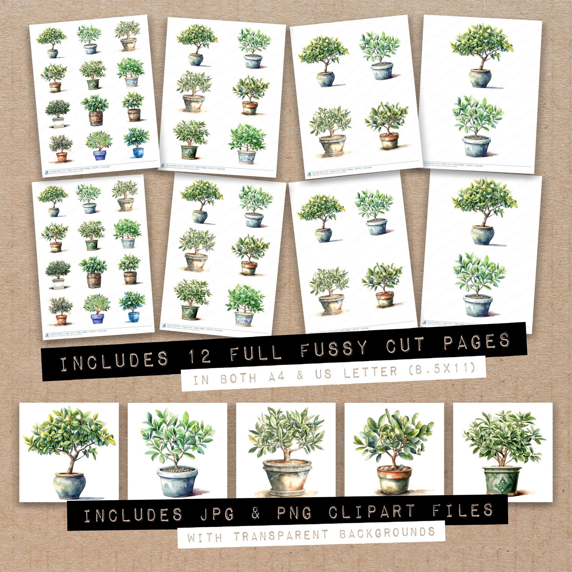 Full collection view of Watercolour Bay Tree fussy cut sheets with bonus clipart JPG and PNG files
