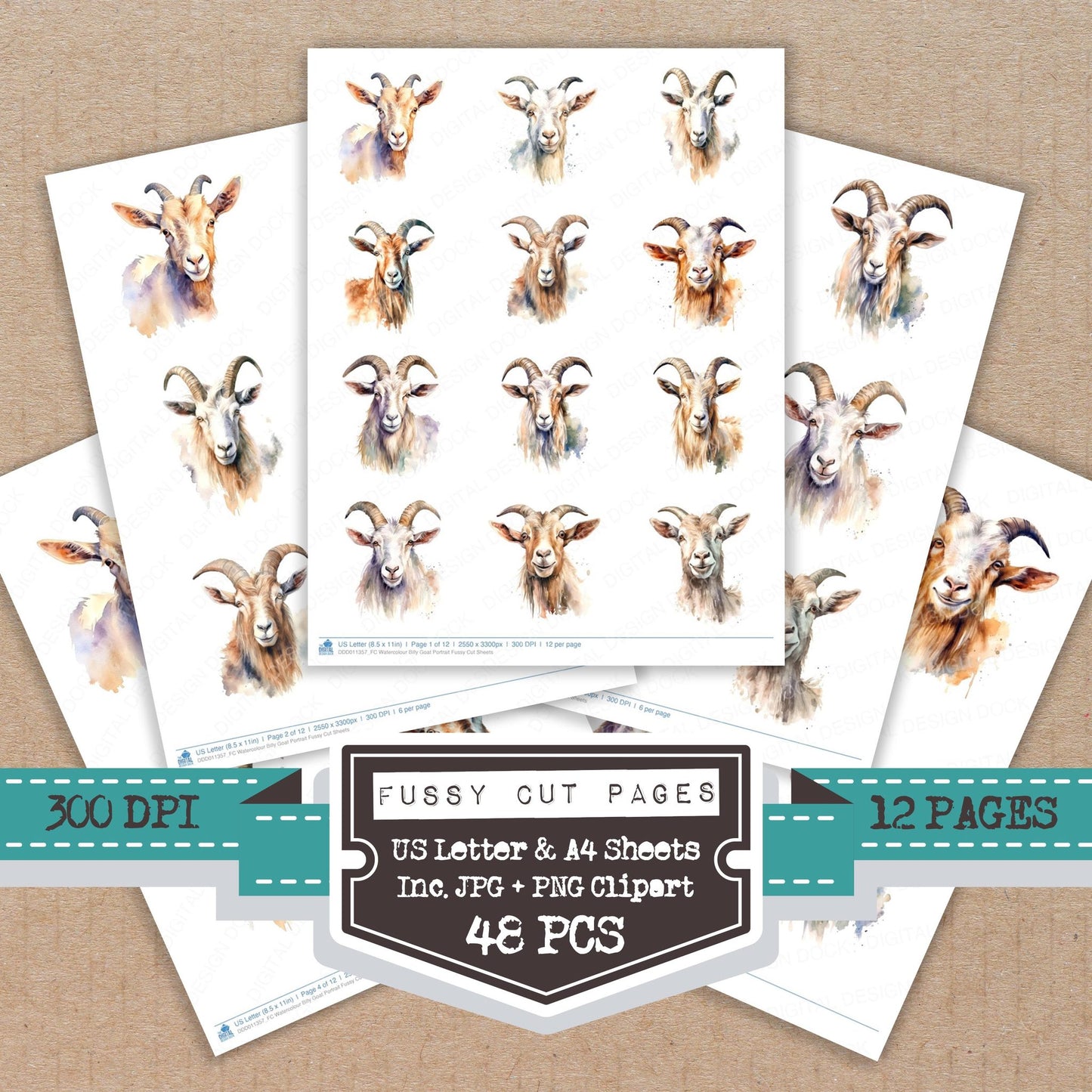 Watercolour Billy Goat Portrait fussy cut printable sheets for junk journaling, scrapbooking, and paper craft projects
