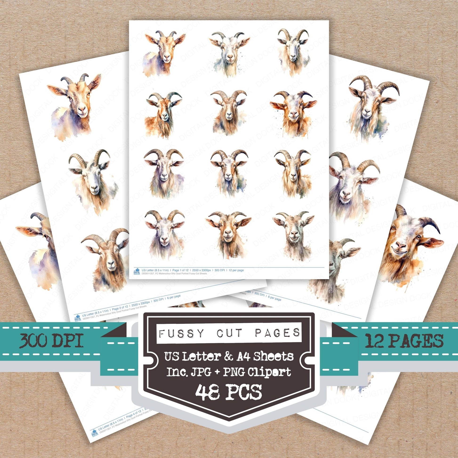 Watercolour Billy Goat Portrait fussy cut printable sheets for junk journaling, scrapbooking, and paper craft projects