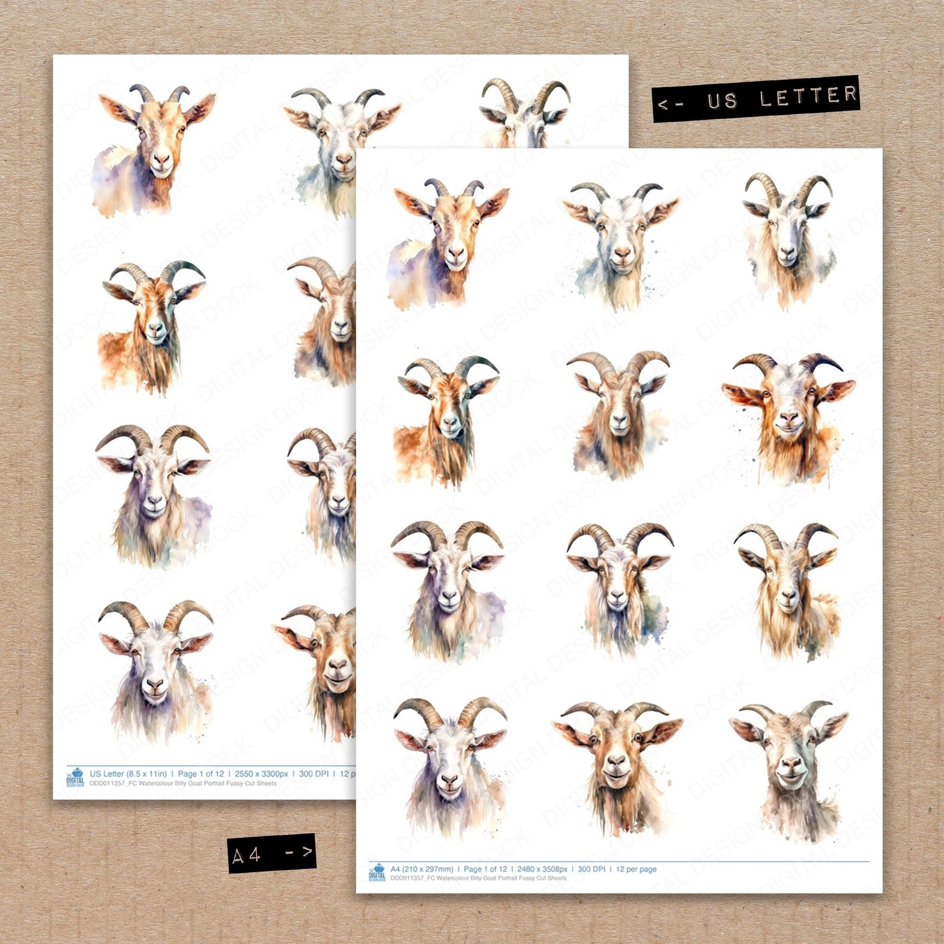 A4 and US Letter format comparison showing Watercolour Billy Goat Portrait fussy cut pages for print and cut crafting
