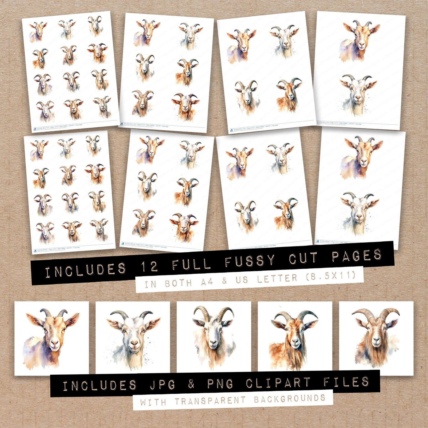 Full collection view of Watercolour Billy Goat Portrait fussy cut sheets with bonus clipart JPG and PNG files