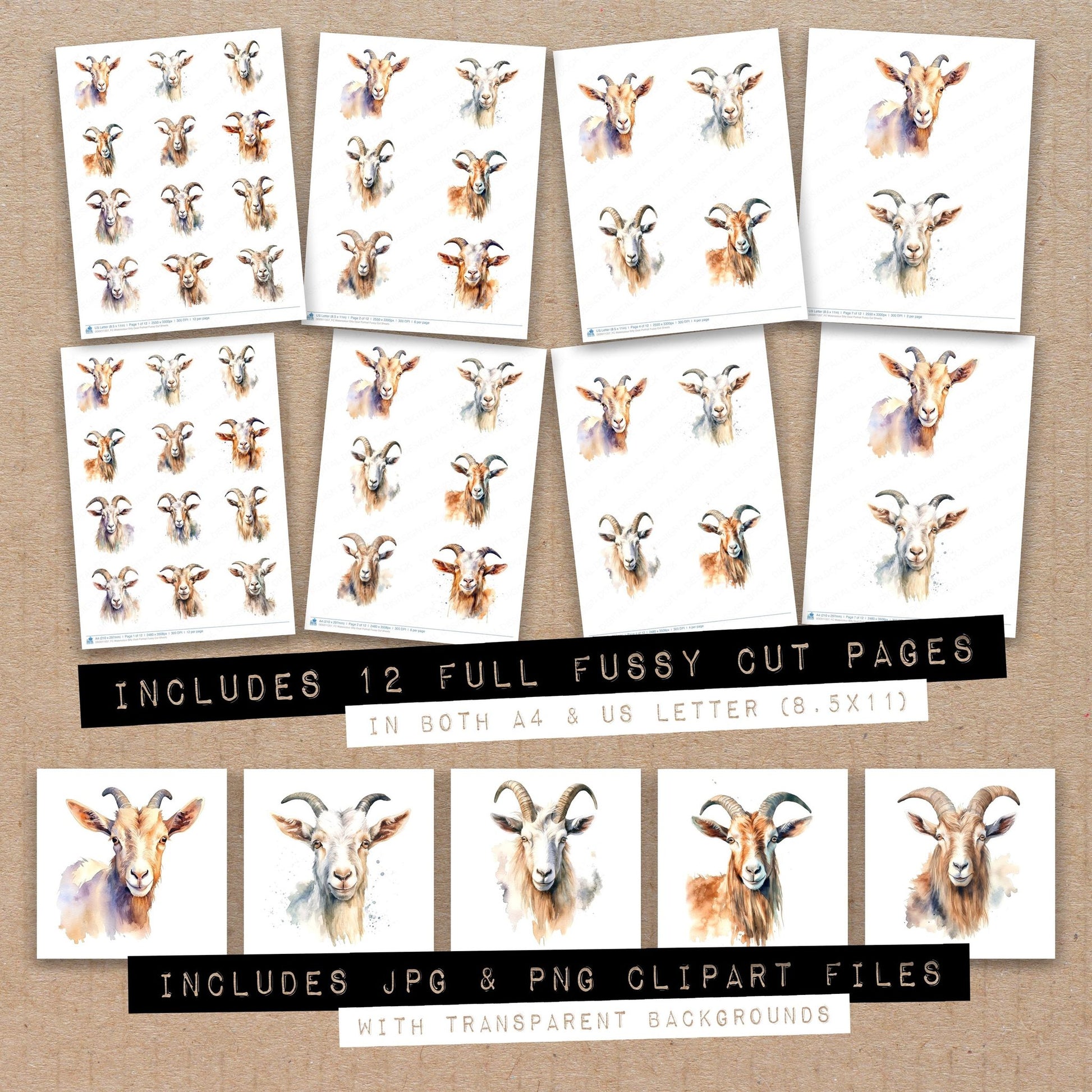 Full collection view of Watercolour Billy Goat Portrait fussy cut sheets with bonus clipart JPG and PNG files