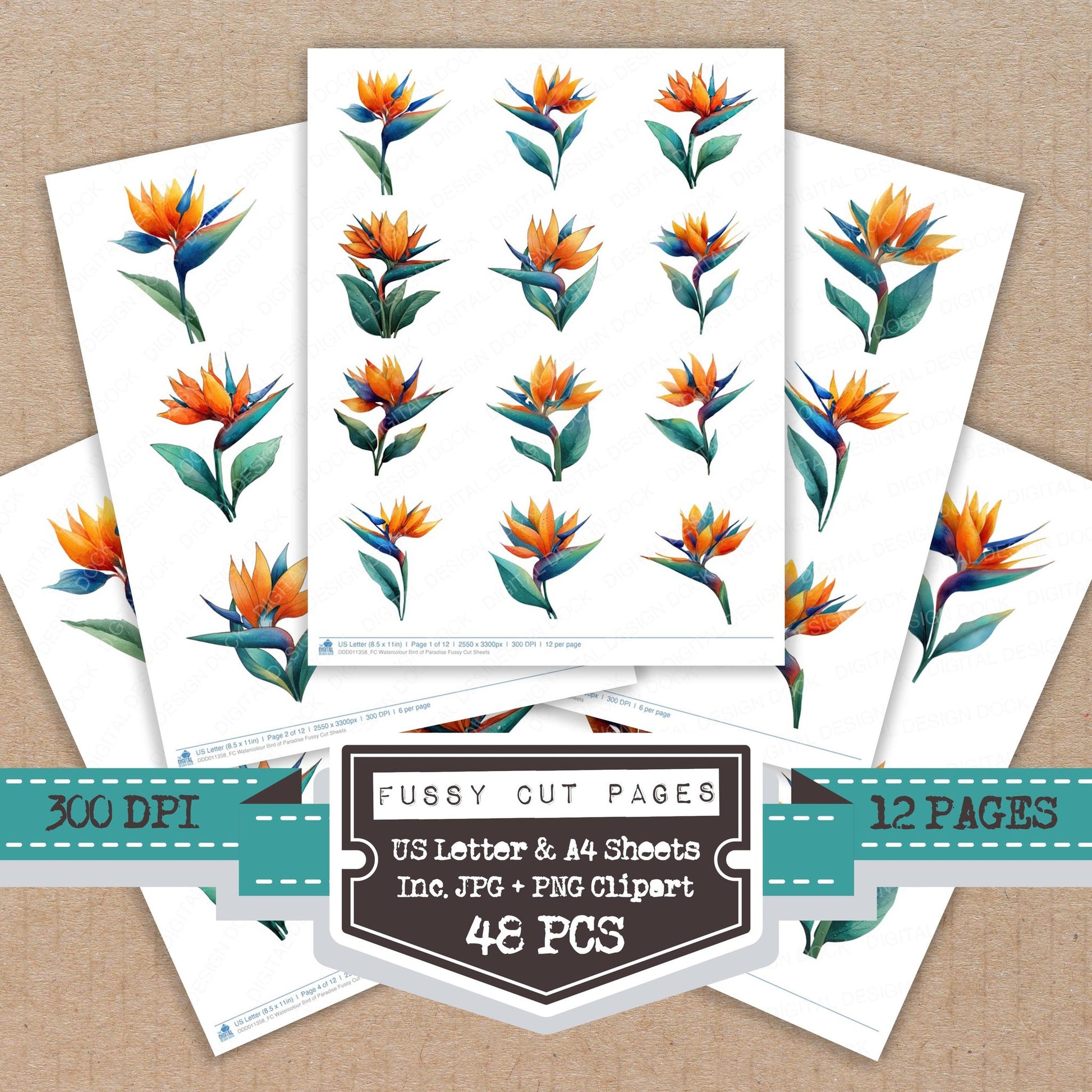 Watercolour Bird of Paradise fussy cut printable sheets for junk journaling, scrapbooking, and paper craft projects